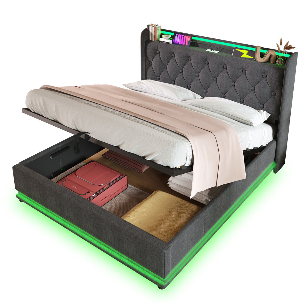 Upholstered King Ottoman Bed with 360 Surround Led Function,Hydraulic Storage Bed Frame with Large Storage Space, 5ft King size Bed Frame with Charging Function,150x200 ,Linen, Grey (No Mattress)