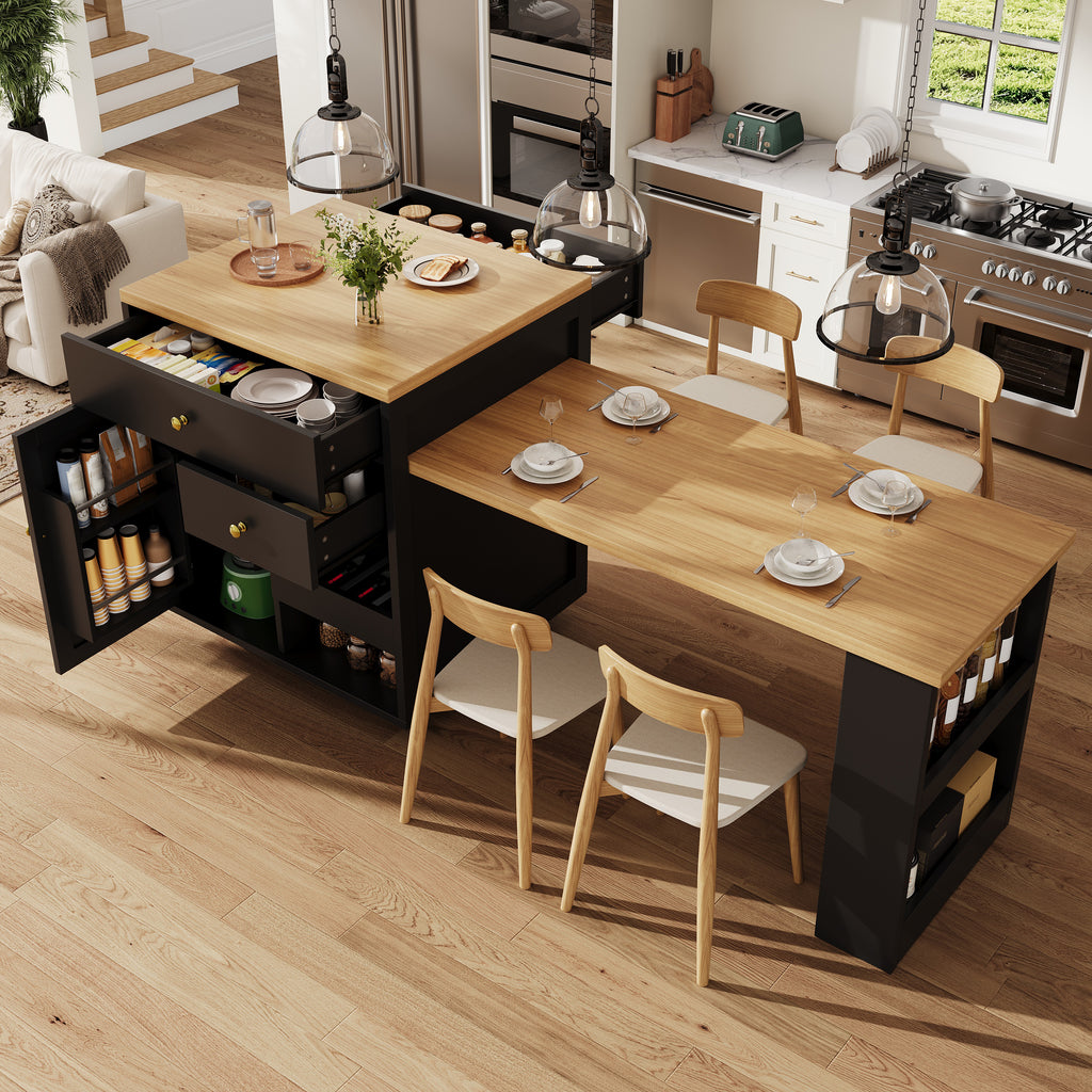 Extendable bar table with storage (122.5-195.5×70×93.8cm), with three drawers and wine rack, kitchen island with extendable table, for 2-6 people, kitchen dining cart with side shelves, black