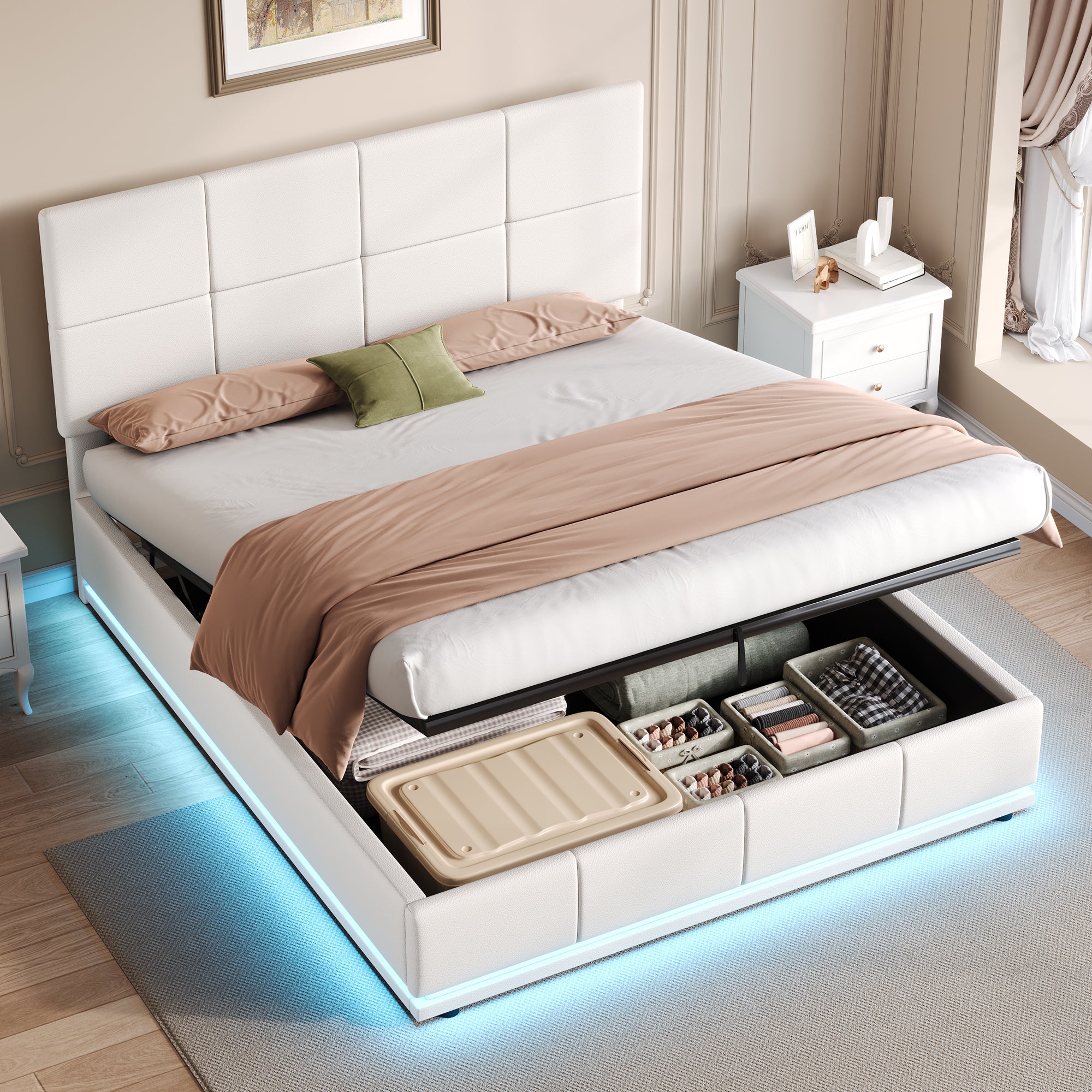 Ottoman Double Bed with LED Lighting, PU Leather Upholstered Bed with Hydraulic Storage, 4ft6 Double Bed Frame with Adjustable Square Tufted Headboard, Cream White (No Mattress)