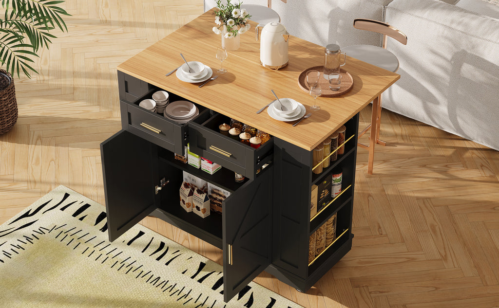 Kitchen Island on Wheels, Rolling Island Cart with 2 Drawers and Double-Sided Storage Racks, Storage Cabinet with Foldable Worktop, Mobile Carts, Portable Trolley for Home and Kitchen, Black