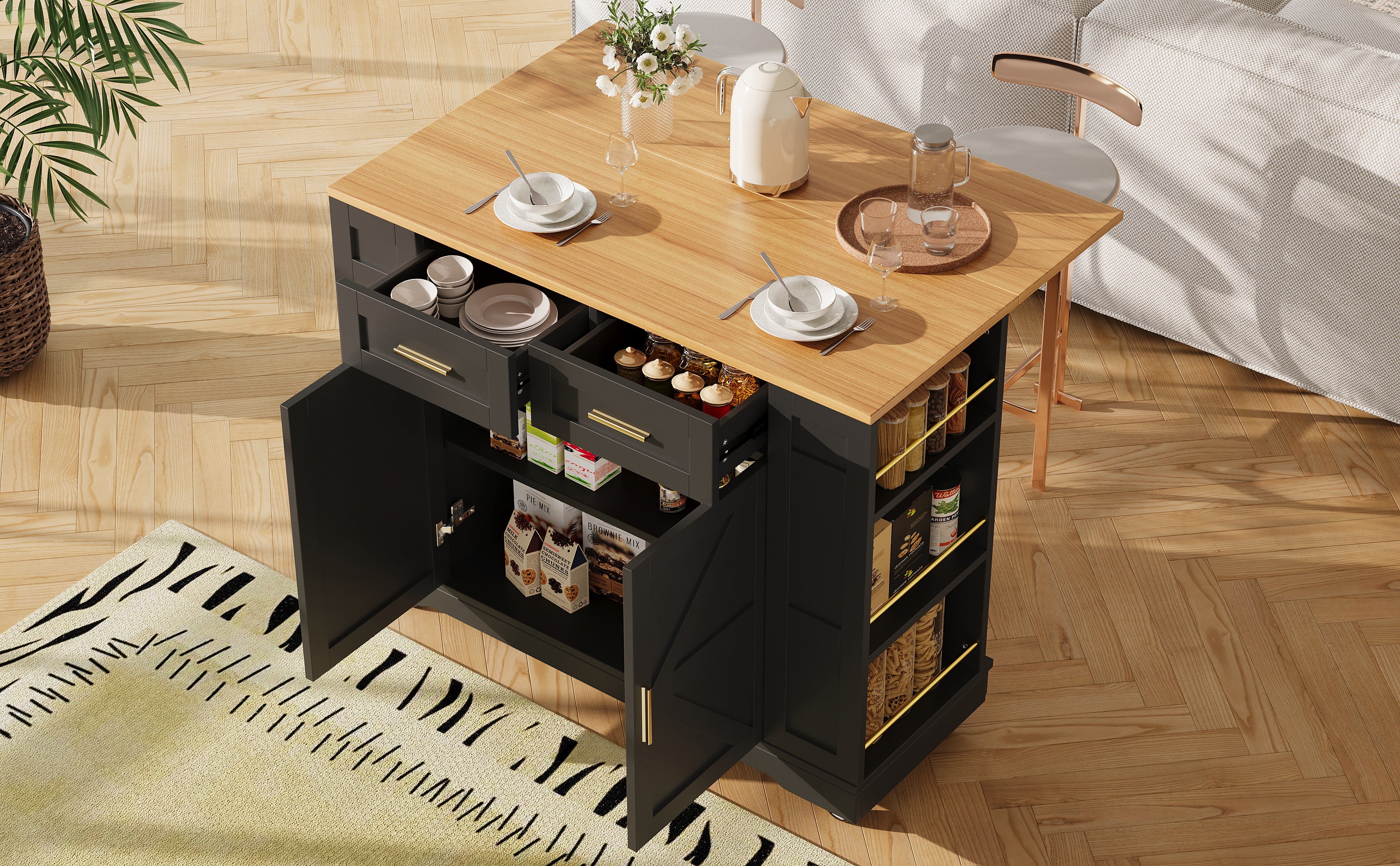 Kitchen Island on Wheels, Rolling Island Cart with 2 Drawers and Double-Sided Storage Racks, Storage Cabinet with Foldable Worktop, Mobile Carts, Portable Trolley for Home and Kitchen, Black