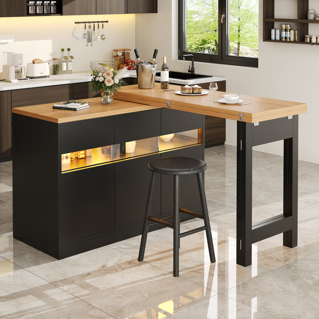 Extendable bar table with LED lighting and 360° swivel function, adjustable length 120-180 cm, modern kitchen island table with storage space, for living room, dining room, home office