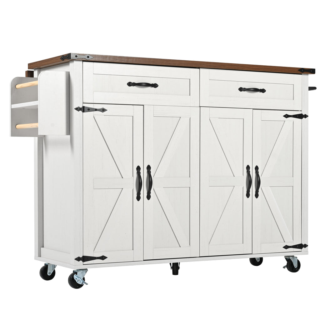 Farmhouse Style Rolling Kitchen Island Storage Trolley with Large Cabinet, 2 Drawers, Adjustable Shelf, Spice&Towel Rack, Dining Room Organiser Sideboard Cupboard Cabinet Cart, White