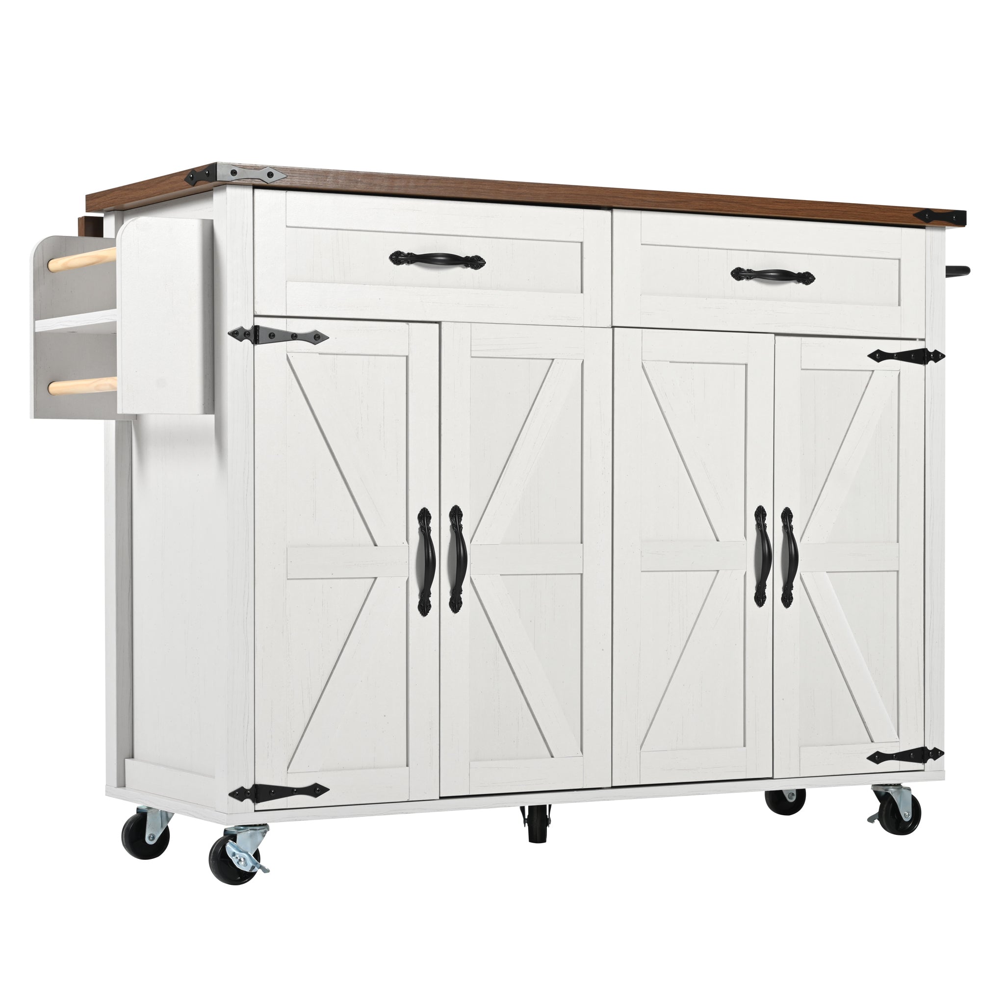 Farmhouse Style Rolling Kitchen Island Storage Trolley with Large Cabinet, 2 Drawers, Adjustable Shelf, Spice&Towel Rack, Dining Room Organiser Sideboard Cupboard Cabinet Cart, White