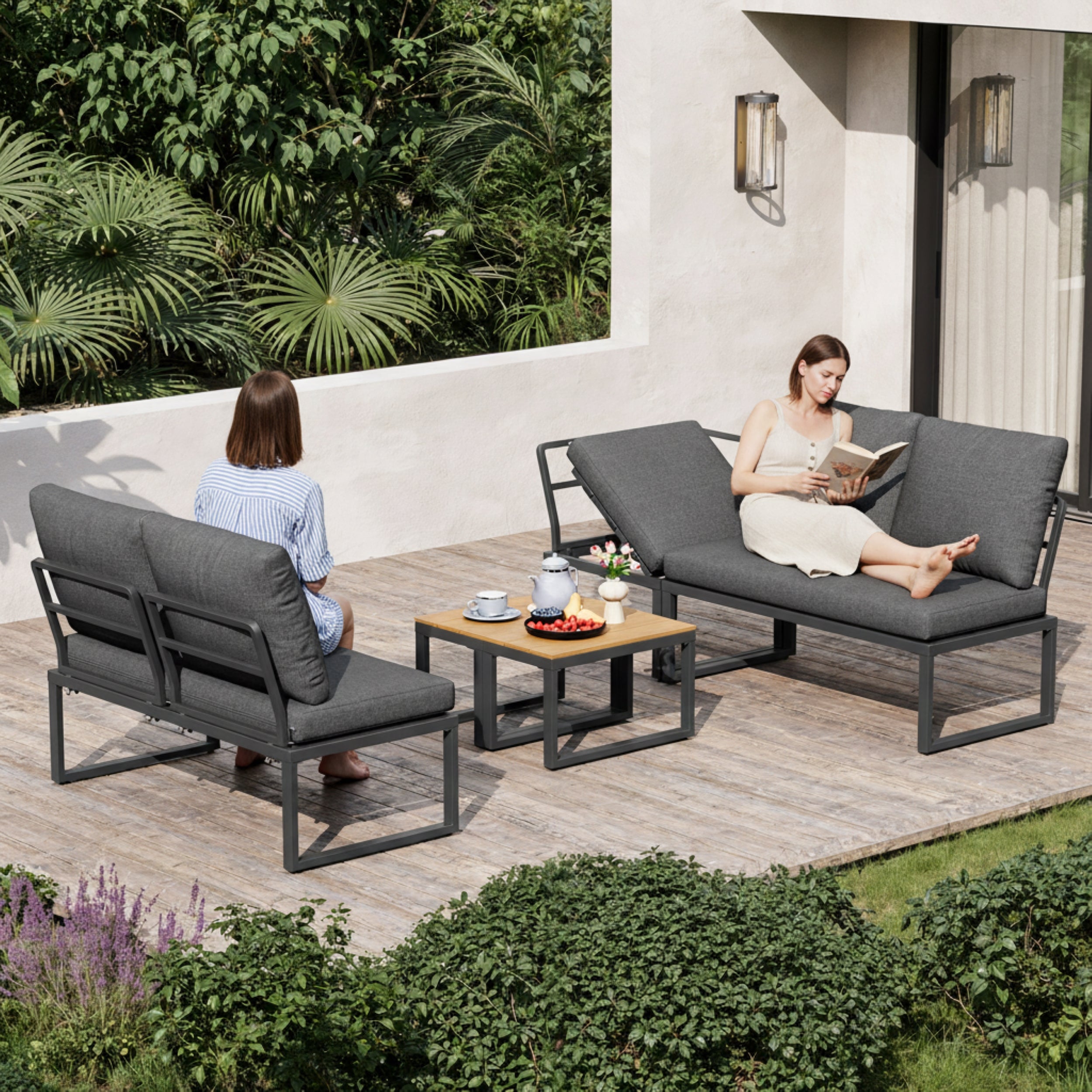4-5 Seater Garden Outdoor Set with Flexibly Convertible Plastic Wood Tables, Adjustable Corner Sofa and Lounge Chair, Weather-Resistant Patio Furniture for Garden, Balcony and Terrace, Linen, Grey
