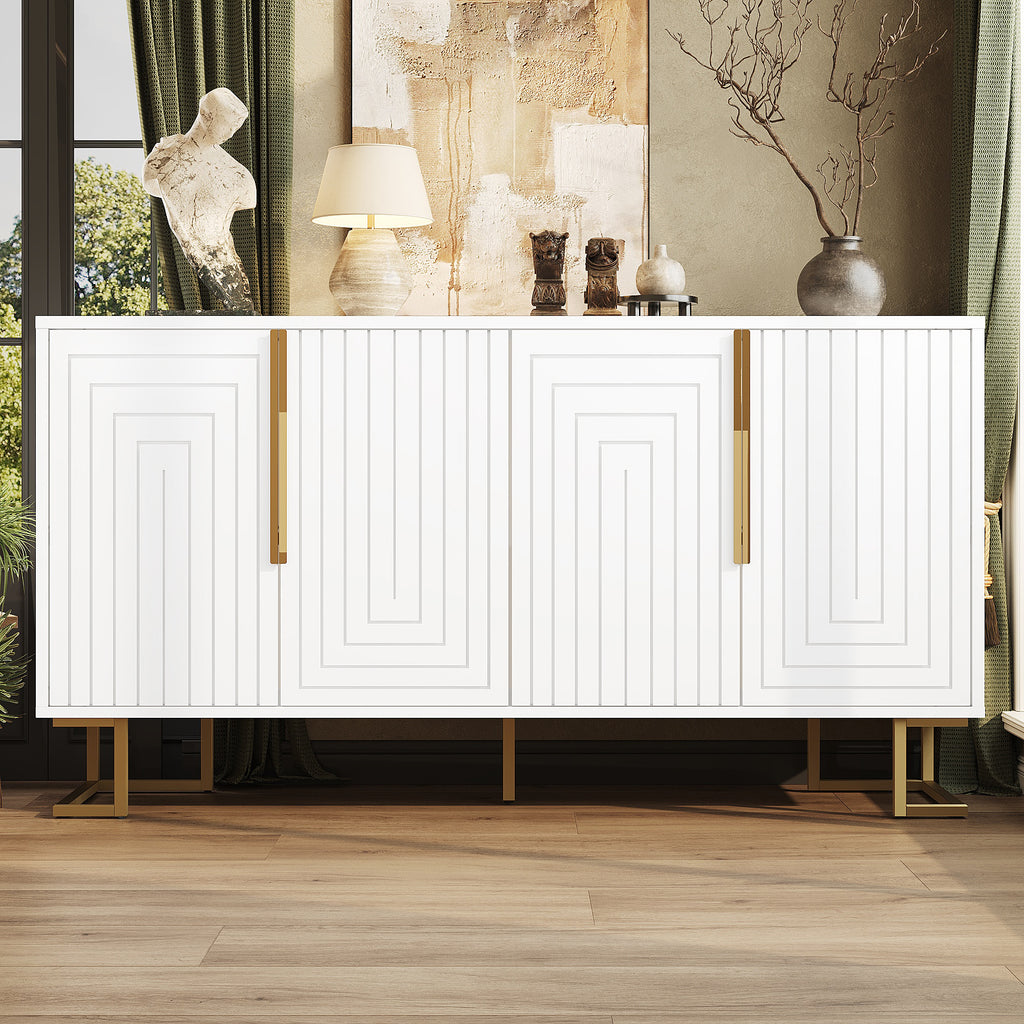 White sideboard (152 x 40 x 75 cm) features a unique geometric design and gold handles and feet for an elegant feel.