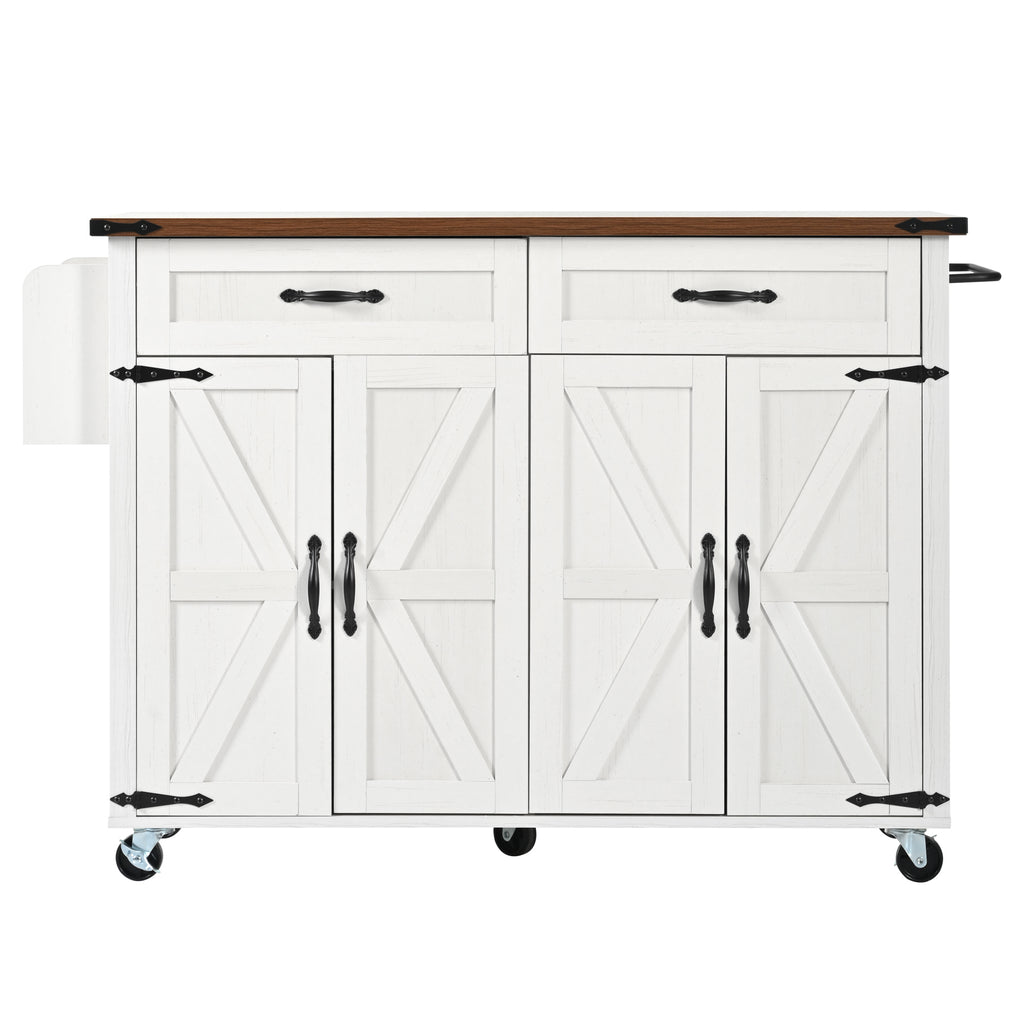 Farmhouse Style Rolling Kitchen Island Storage Trolley with Large Cabinet, 2 Drawers, Adjustable Shelf, Spice&Towel Rack, Dining Room Organiser Sideboard Cupboard Cabinet Cart, White