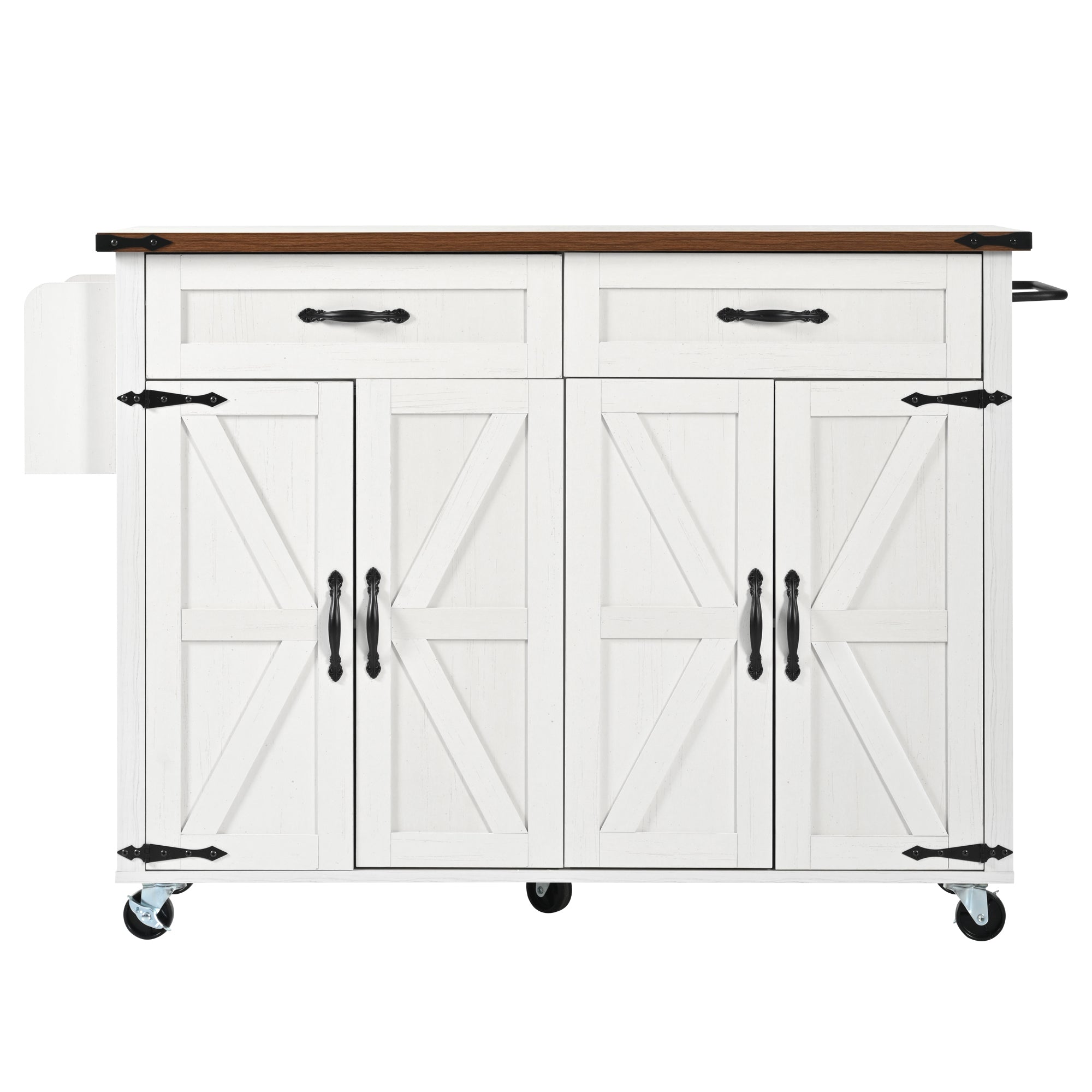 Farmhouse Style Rolling Kitchen Island Storage Trolley with Large Cabinet, 2 Drawers, Adjustable Shelf, Spice&Towel Rack, Dining Room Organiser Sideboard Cupboard Cabinet Cart, White