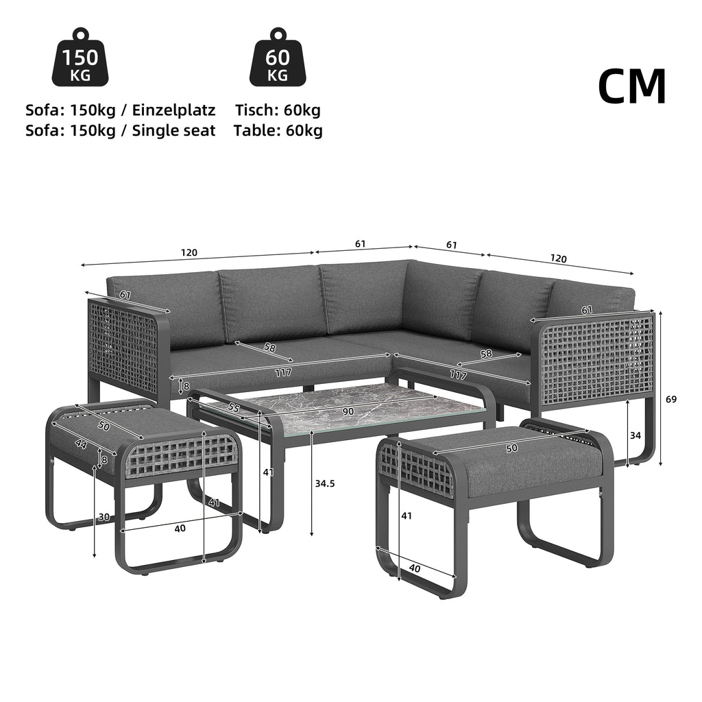 Outdoor garden lounge set, rattan furniture set for 6-7 people, corner sofa with galvanised iron frame, adjustable legs, includes all seat and back cushions, grey