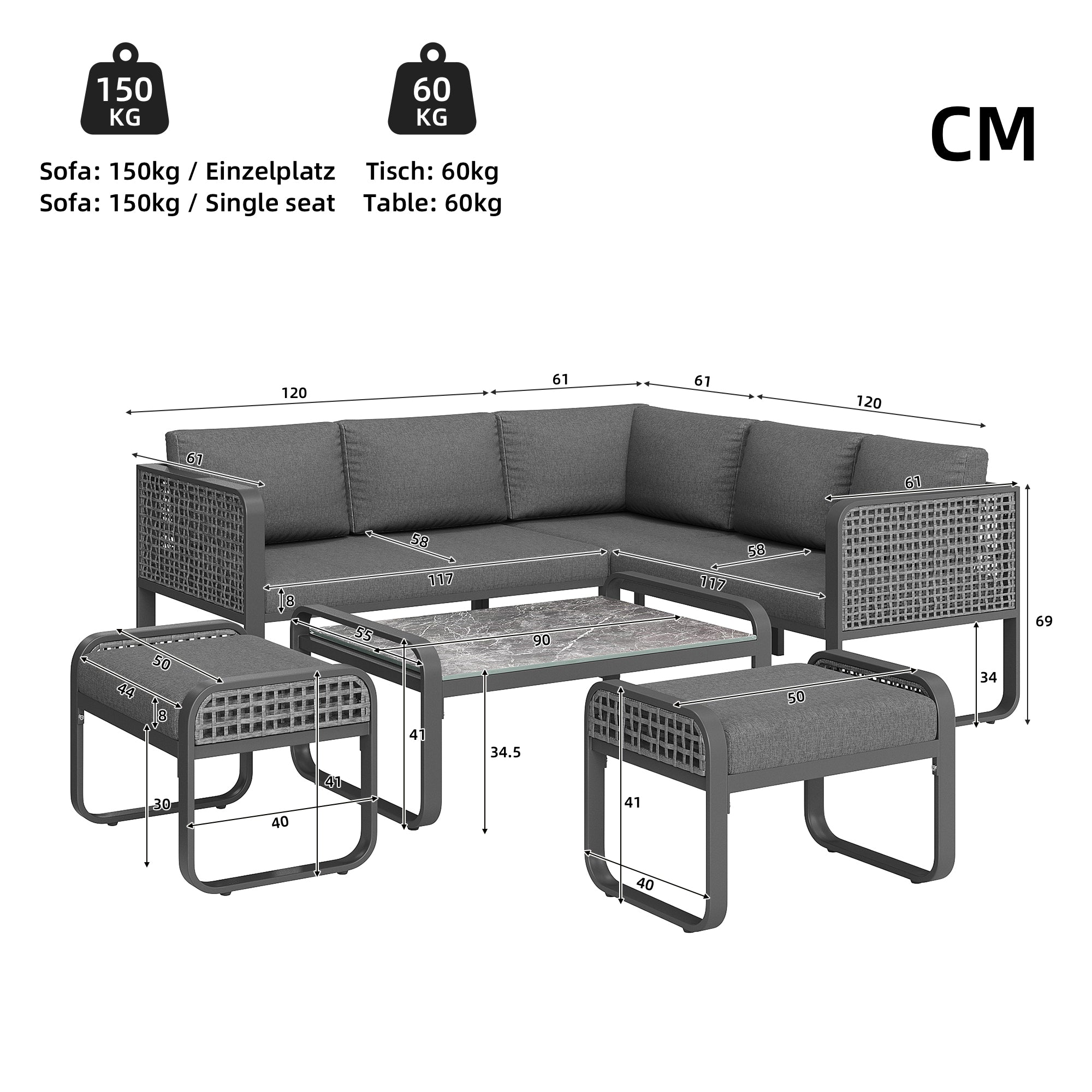 Outdoor garden lounge set, rattan furniture set for 6-7 people, corner sofa with galvanised iron frame, adjustable legs, includes all seat and back cushions, grey