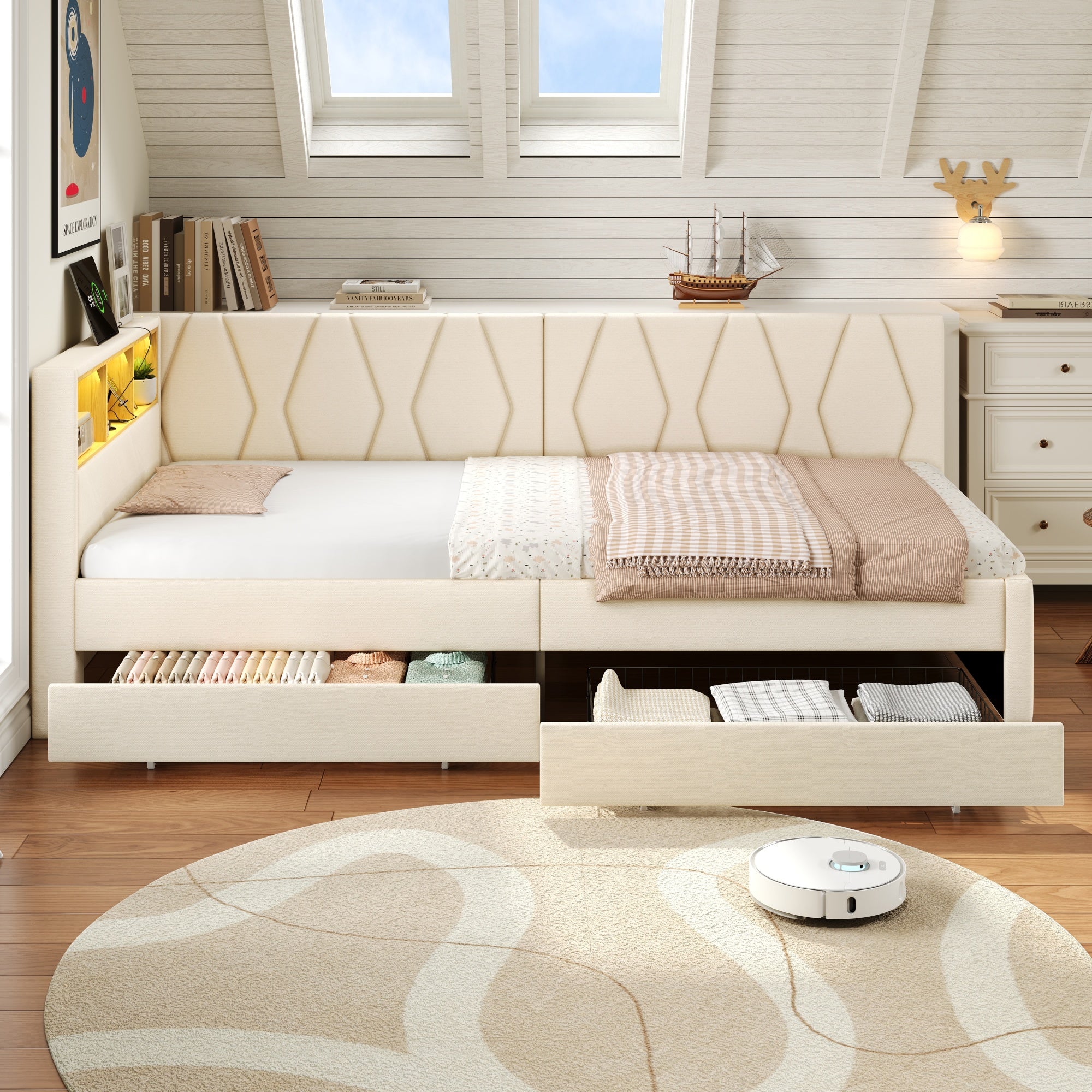 3ft Single Daybed with Two Storage Drawers, LED Modern Bed frame with Charging Station, Linen Sofa Bed for Living Room/ Bedroom/ Study Room, 90X190cm, Easy Assembly, Beige (No Mattress)