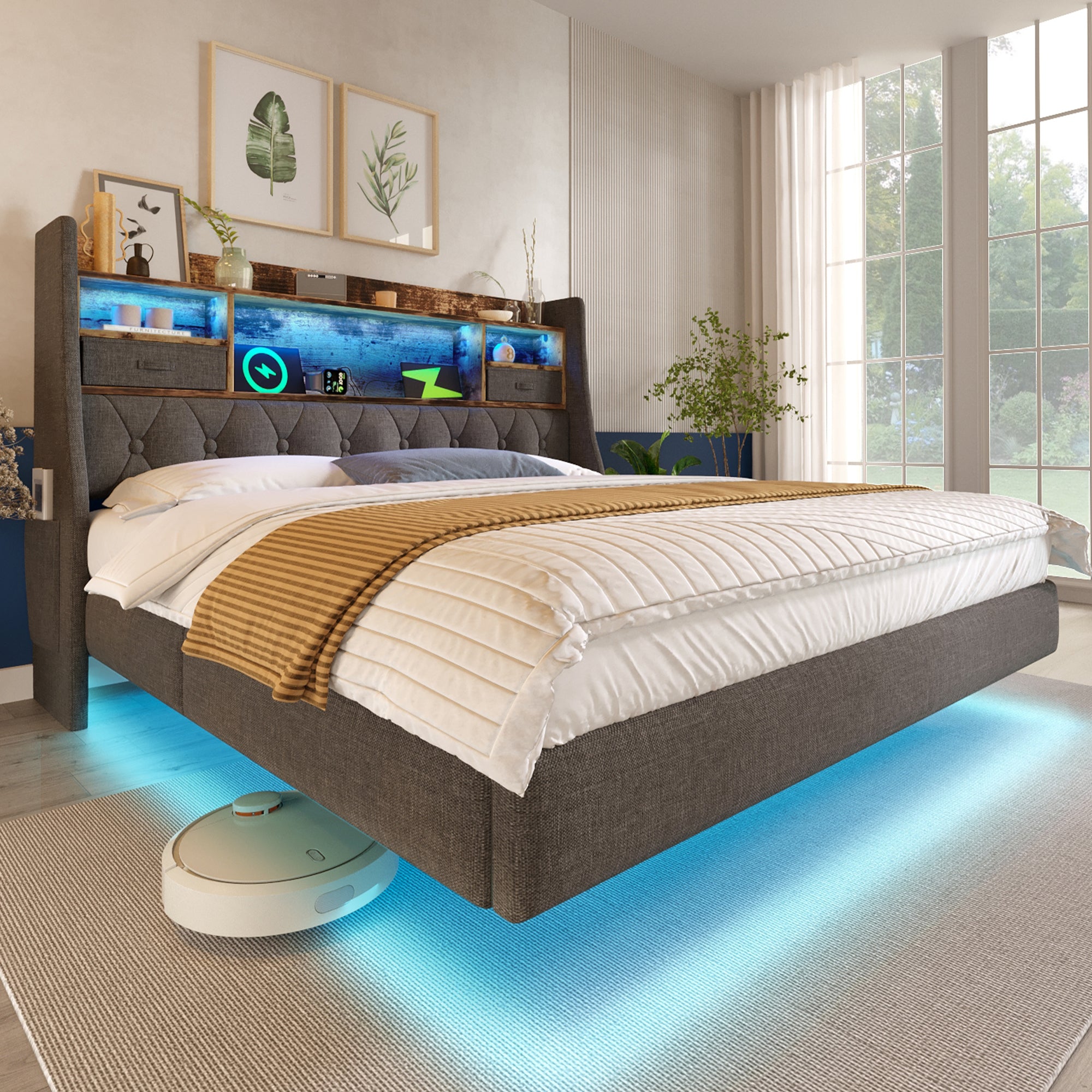 Upholstered Bed 5ft Floating Bed with LED Lighting, USB Type-C Charging, Storage Headboard for Cellphones and Tablets,  150 x 200 cm King Size Bed, Linen, Grey (No Mattress)