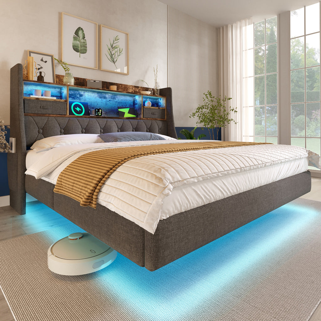 Upholstered Bed 4ft6 Floating Bed with LED Lighting, USB Type-C Charging, Storage Headboard for Cellphones and Tablets,  135 x 190 cm Double Bed, Linen, Grey (No Mattress)