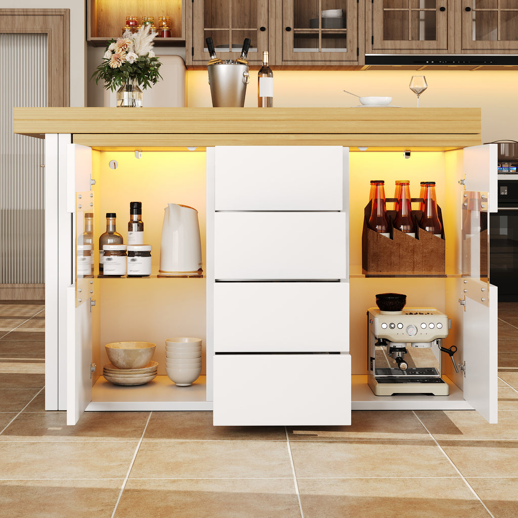 Extendable Sideboard & Dining Table Combo with LED Lights, Adjustable Dining Table with Storage, 4 Drawers & Glass Cabinet doors, White