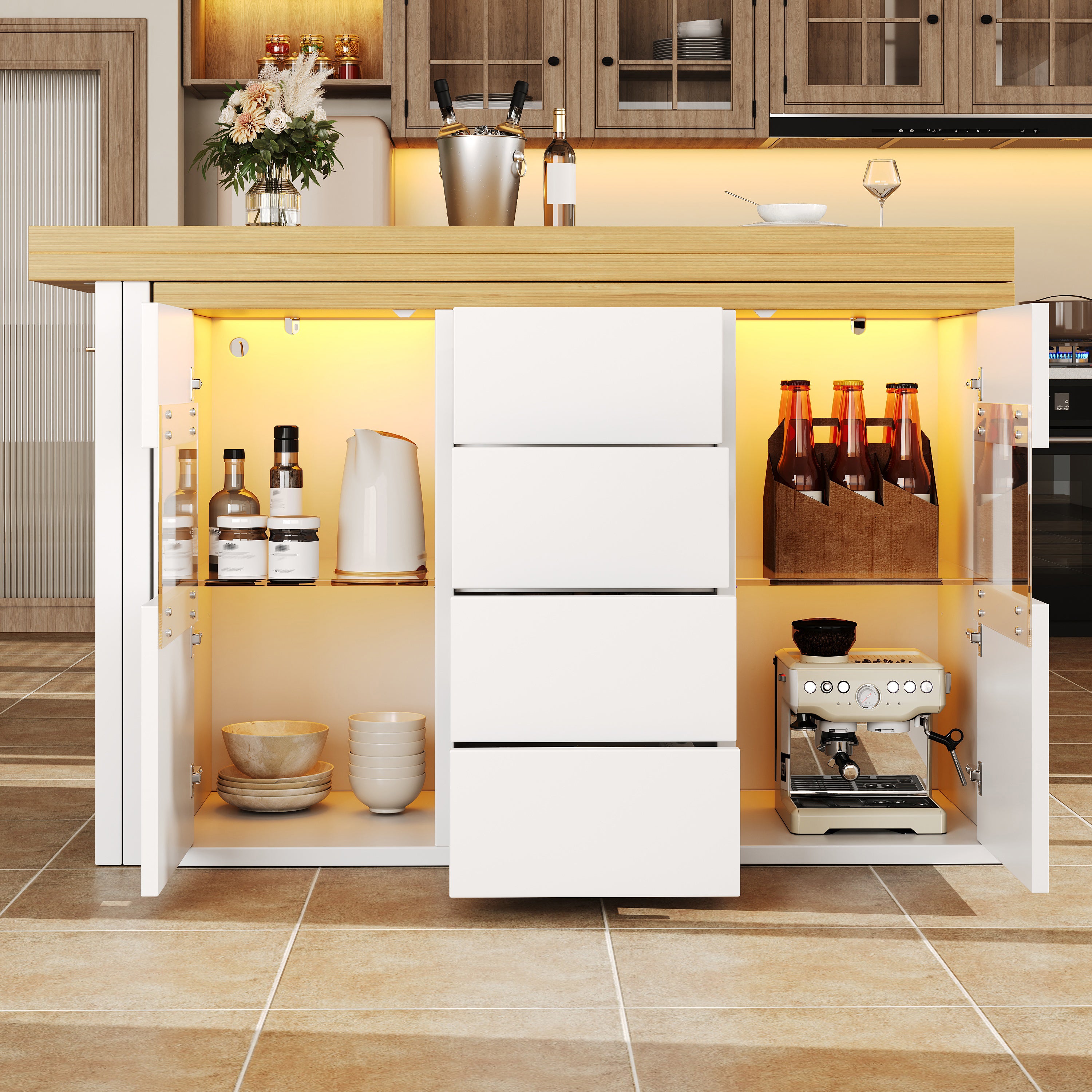 Extendable Sideboard & Dining Table Combo with LED Lights, Adjustable Dining Table with Storage, 4 Drawers & Glass Cabinet doors, White