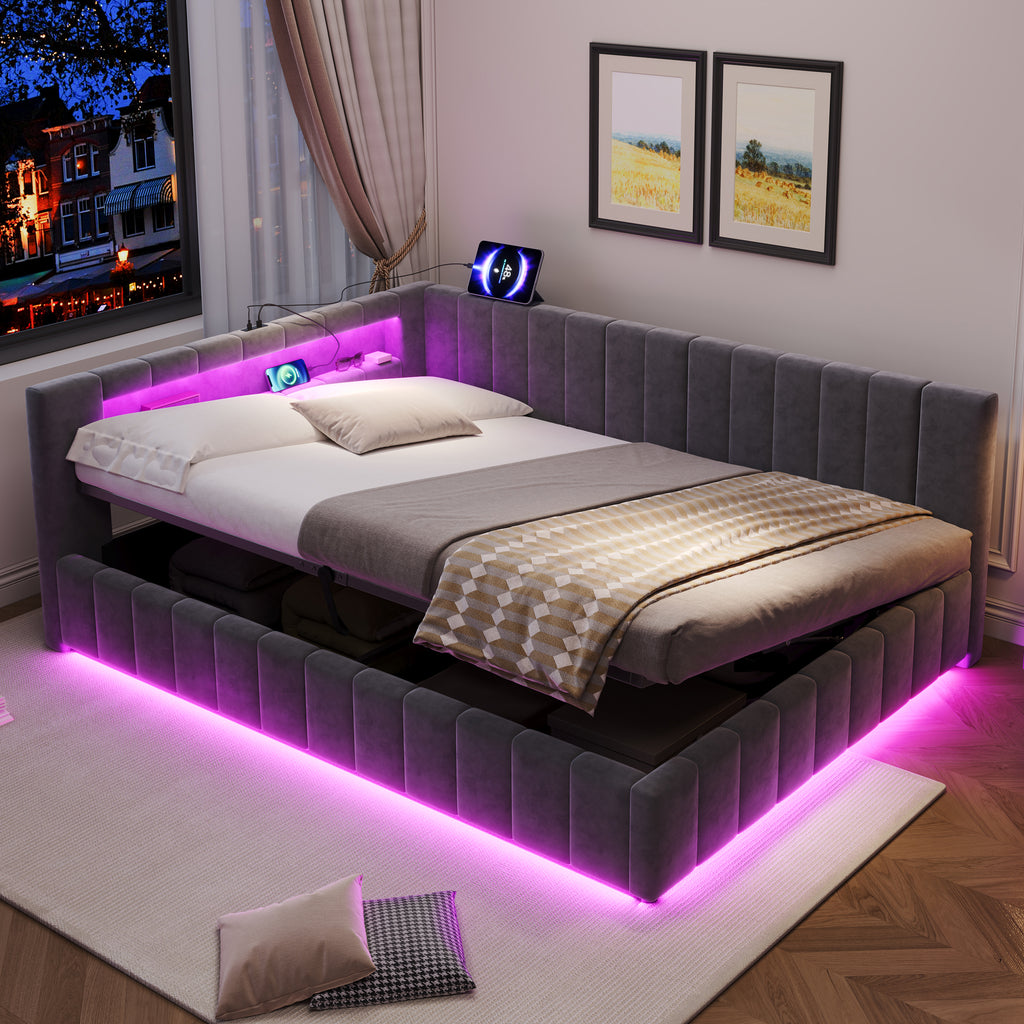 4ft6 Double Velvet Side Hydraulic Storage Bed with Smart RGB LED Lights & Charging Station, Side Opening Ottoman Bed Frame with Type-C & USB Ports, Channel Tufted, Grey(No Mattress)