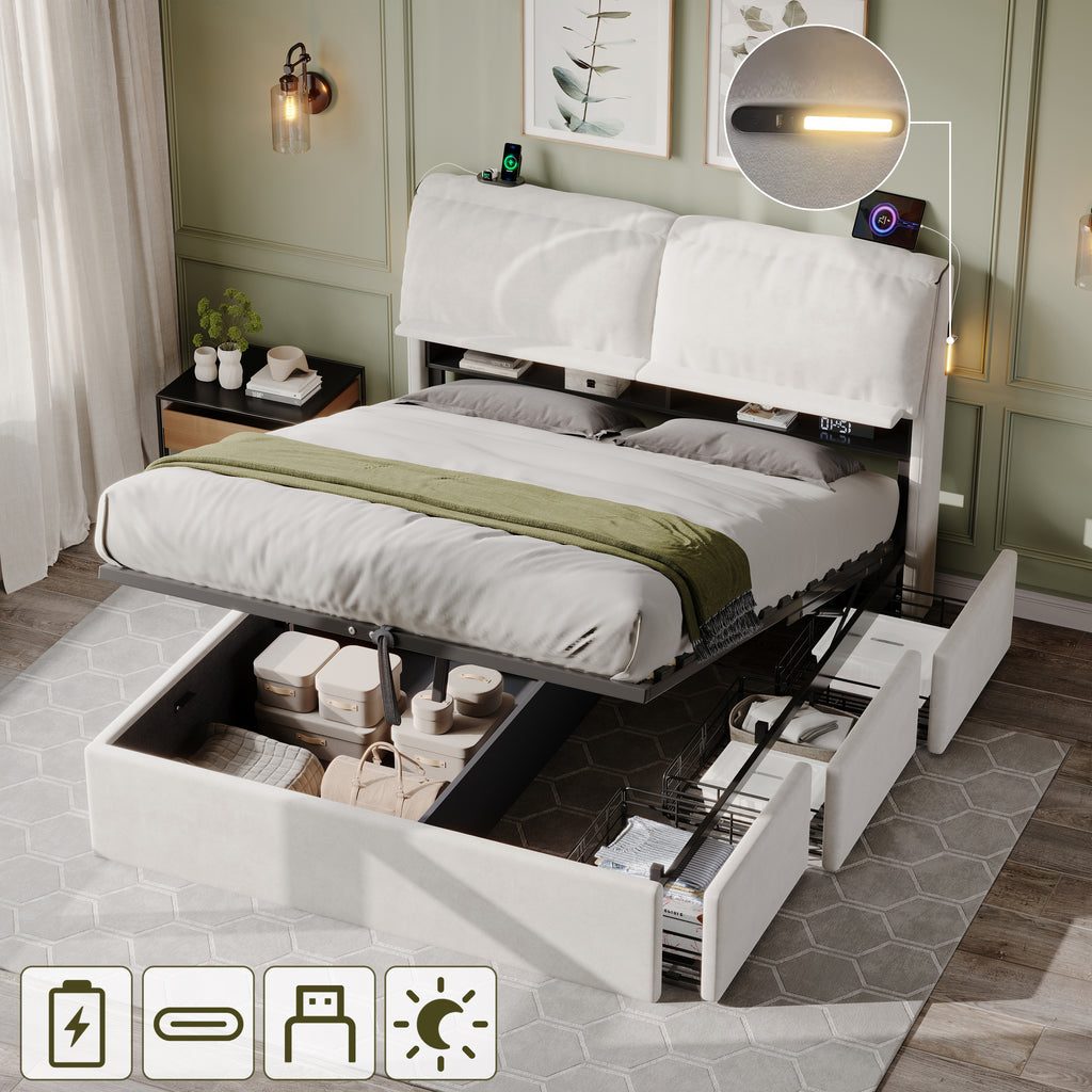 5ft King Bed with Hydraulic Storage, Velvet Upholstered Bed with Headboard Flip-top Storage and Drawers, Back Cushion Headboard with Charging Station and LED Night Light, Cream White (No Mattress)