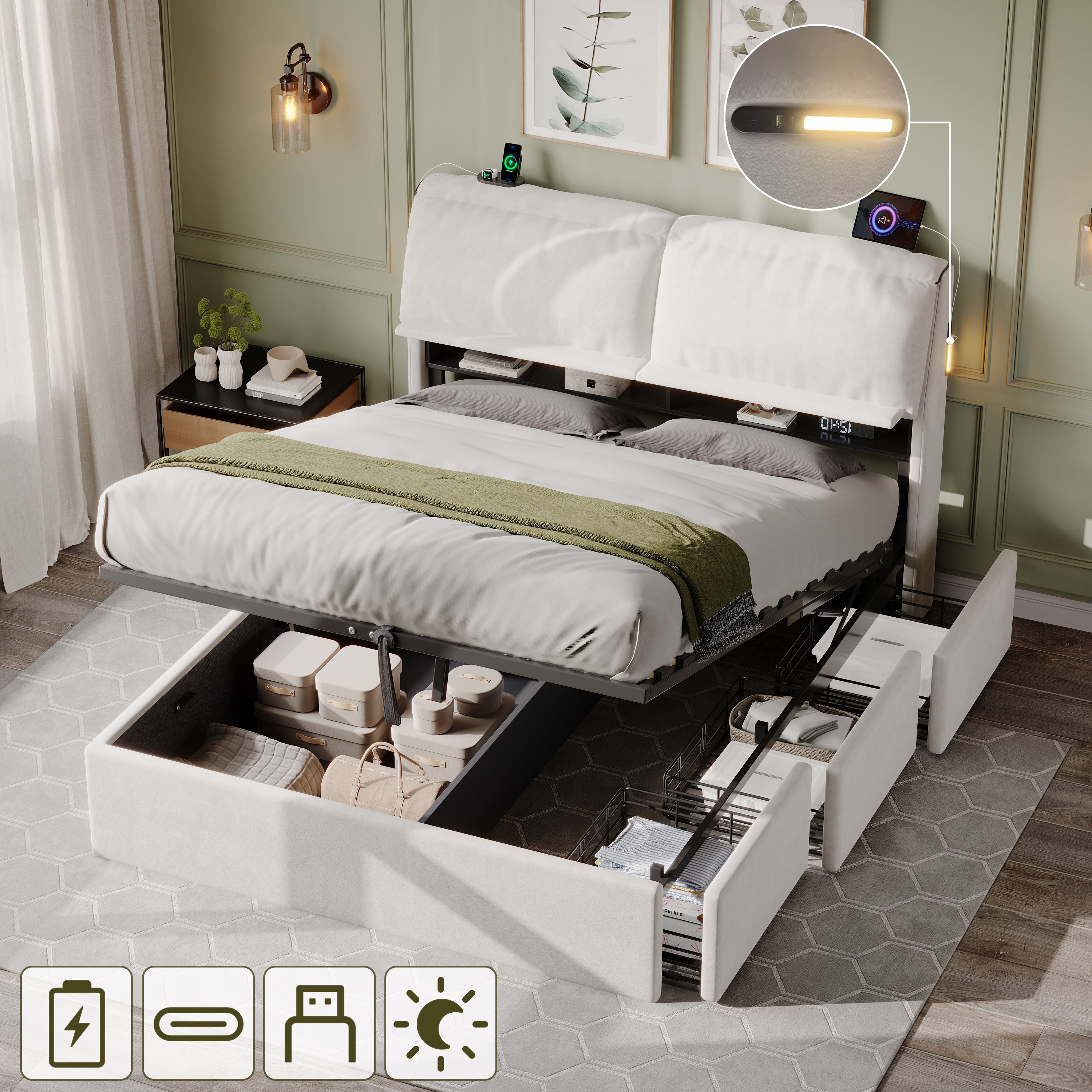 5ft King Bed with Hydraulic Storage, Velvet Upholstered Bed with Headboard Flip-top Storage and Drawers, Back Cushion Headboard with Charging Station and LED Night Light, Cream White (No Mattress)