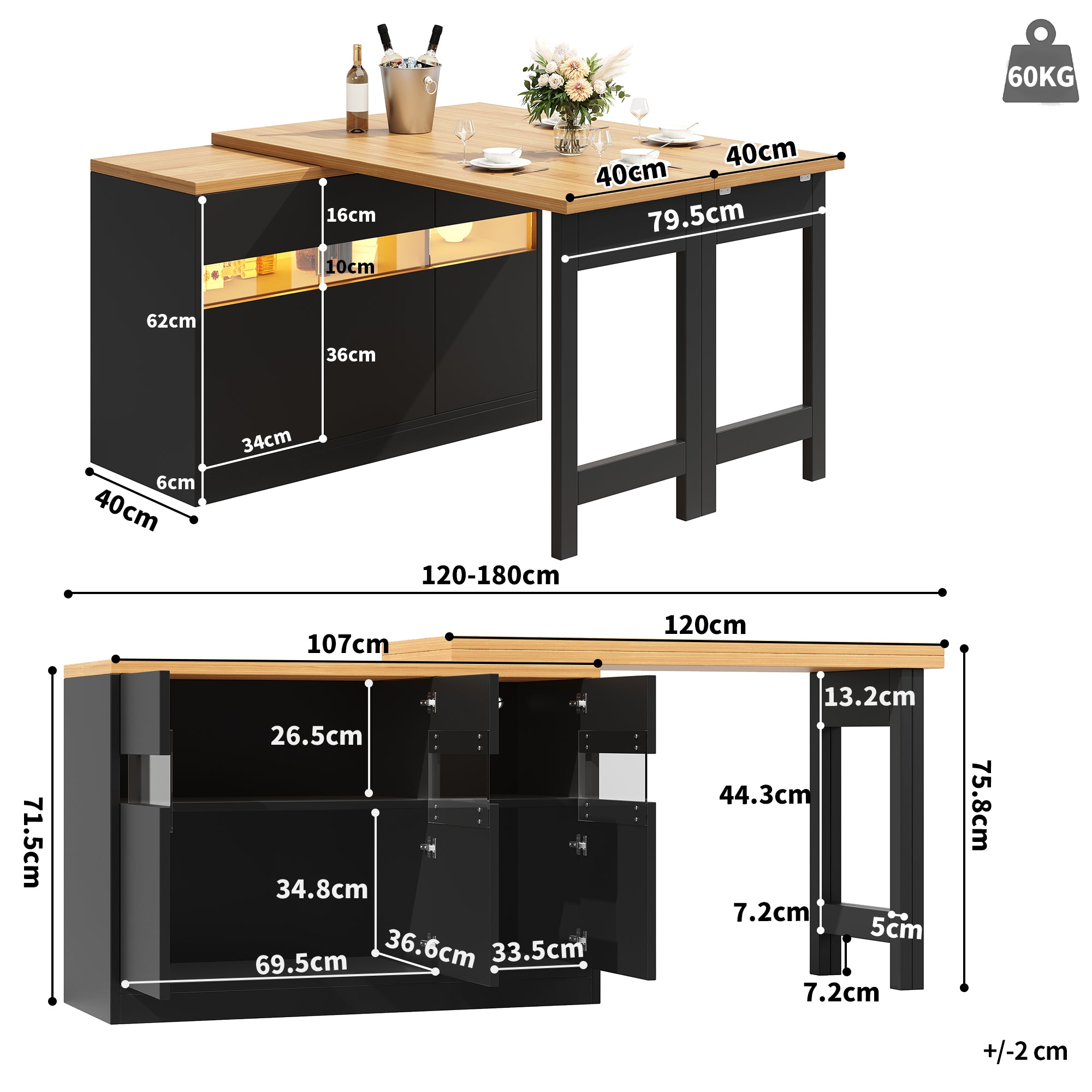 Extendable bar table with LED lighting and 360° swivel function, adjustable length 120-180 cm, modern kitchen island table with storage space, for living room, dining room, home office