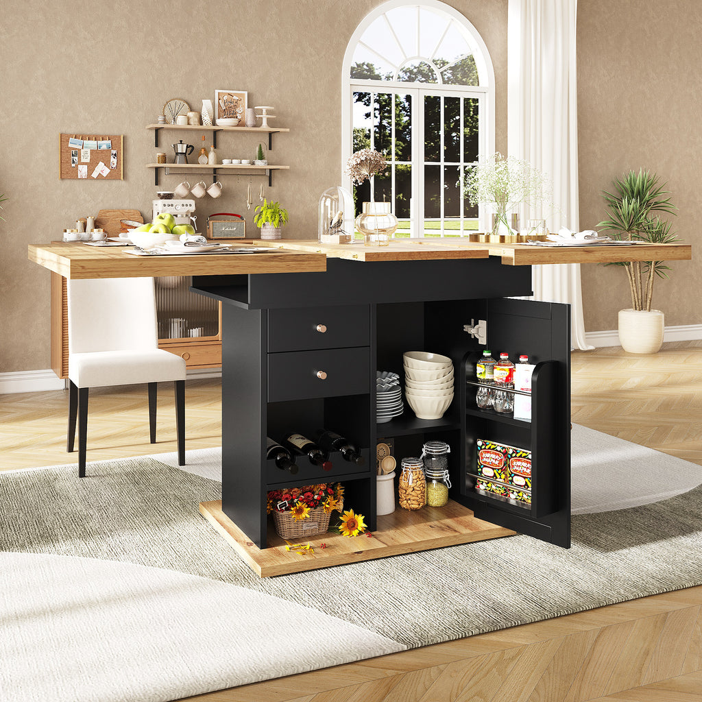 Telescopic dining table (110-140×80 cm), foldable kitchen table for 4-6 people, extendable dining table, space-saving kitchen table, for kitchen and living room, table with snack shelf and wine rack