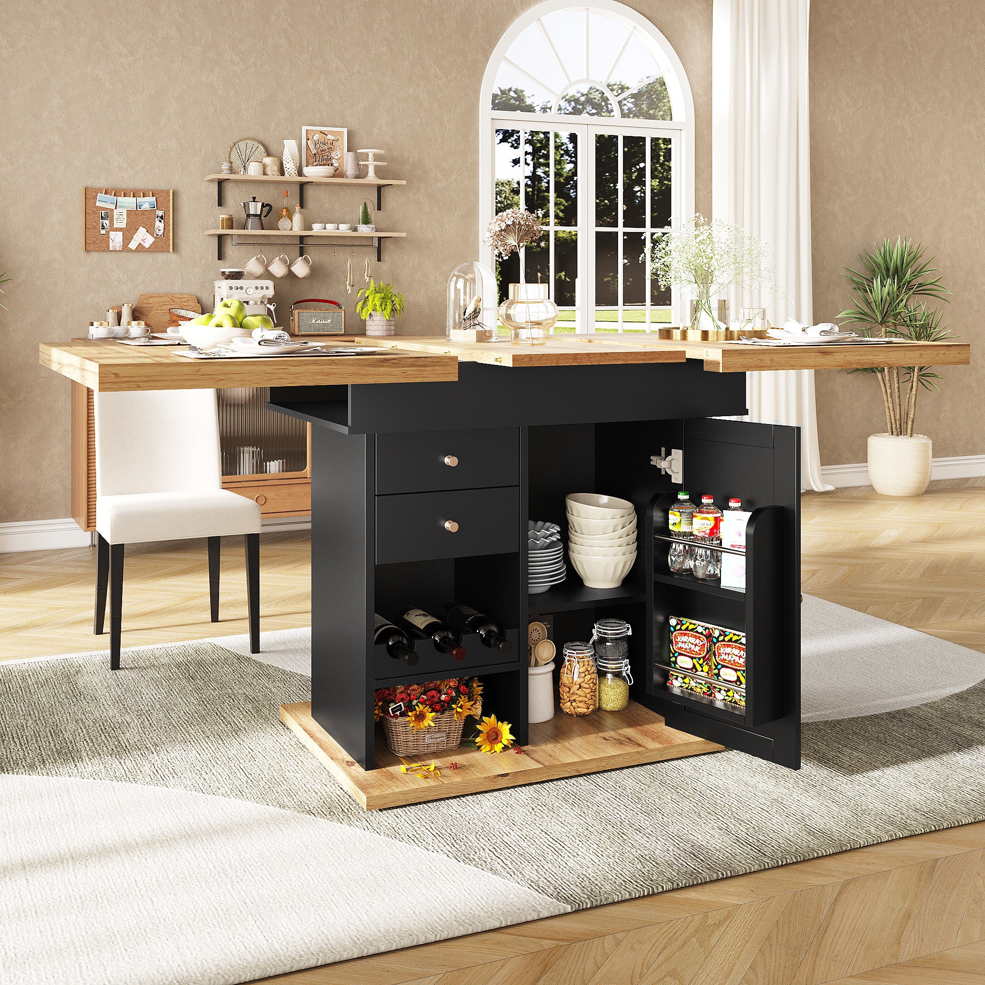 Telescopic dining table (110-140×80 cm), foldable kitchen table for 4-6 people, extendable dining table, space-saving kitchen table, for kitchen and living room, table with snack shelf and wine rack