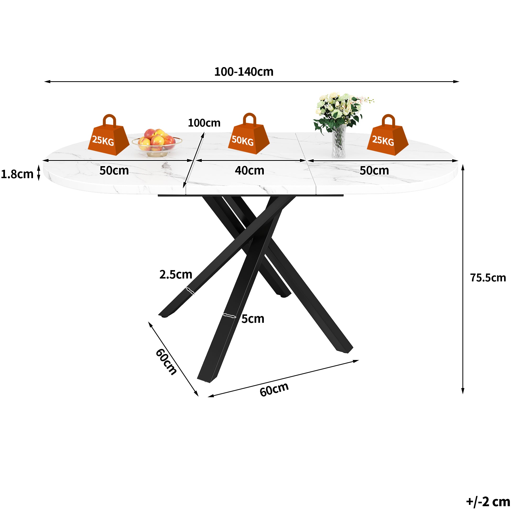 Extendable dining table 100-140cm, round-oval table, stable X-metal frame, adjustable feet, white&black
