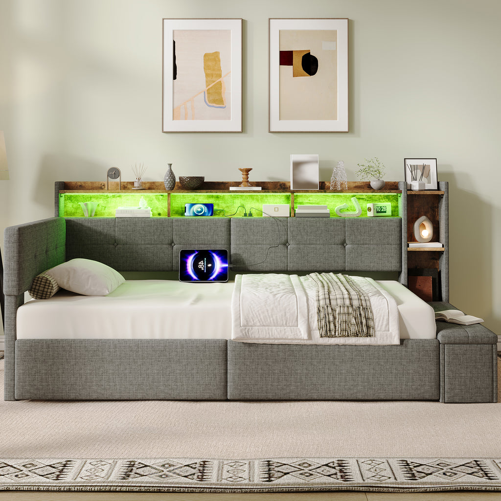 3ft Single LED Daybed with Storage Drawers and Bed End Ottoman Storage, Modern Linen Sofa Bed with Charging Station for Living Room/ Bedroom/ Study Room, 90X190cm, Grey (No Mattress)