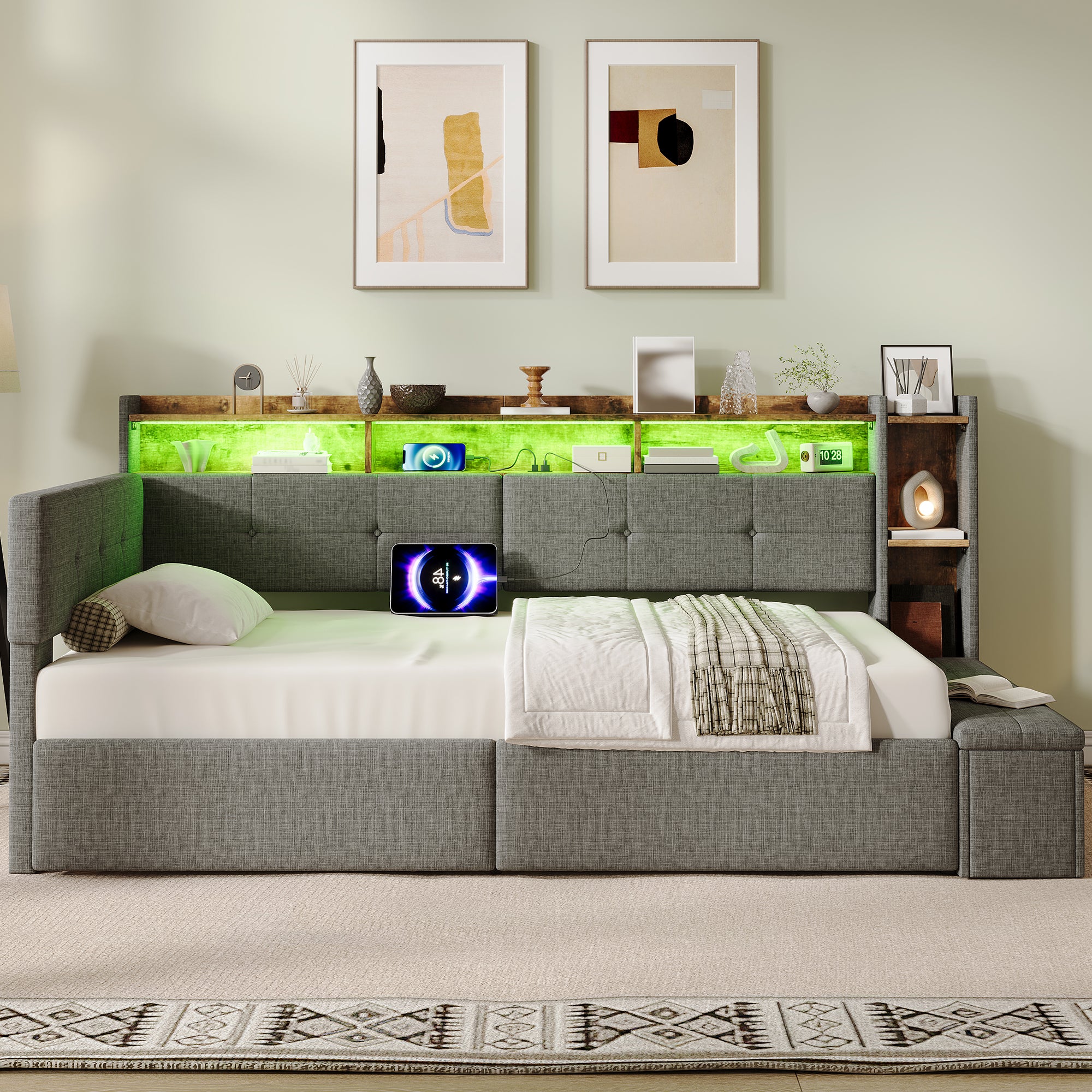 3ft Single LED Daybed with Storage Drawers and Bed End Ottoman Storage, Modern Linen Sofa Bed with Charging Station for Living Room/ Bedroom/ Study Room, 90X190cm, Grey (No Mattress)