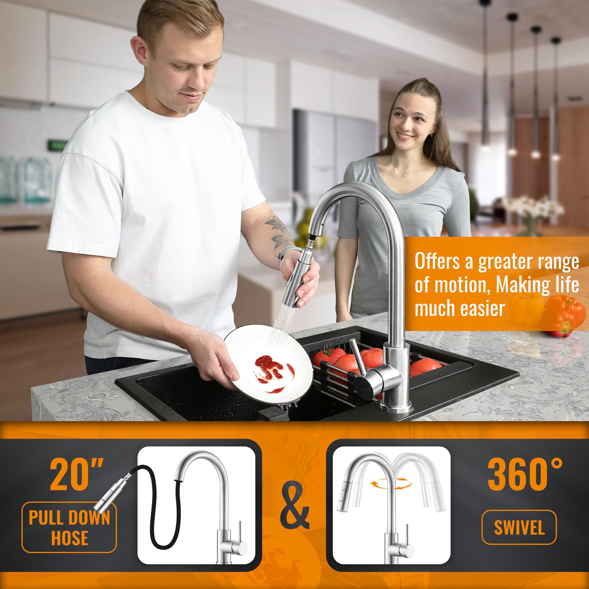 Brushed Stainless Pull-Out Kitchen Mixer Tap
