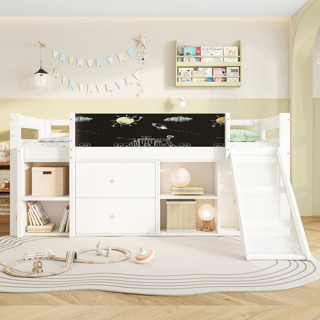3ft Single Modern Wood Bed with Slide & Blackboard, Wooden Children's Cabin Bed with 2 Drawers & Storage Shelves, Interchangeable Ladder, Space-Saving Loft Bed, White (No Mattress)