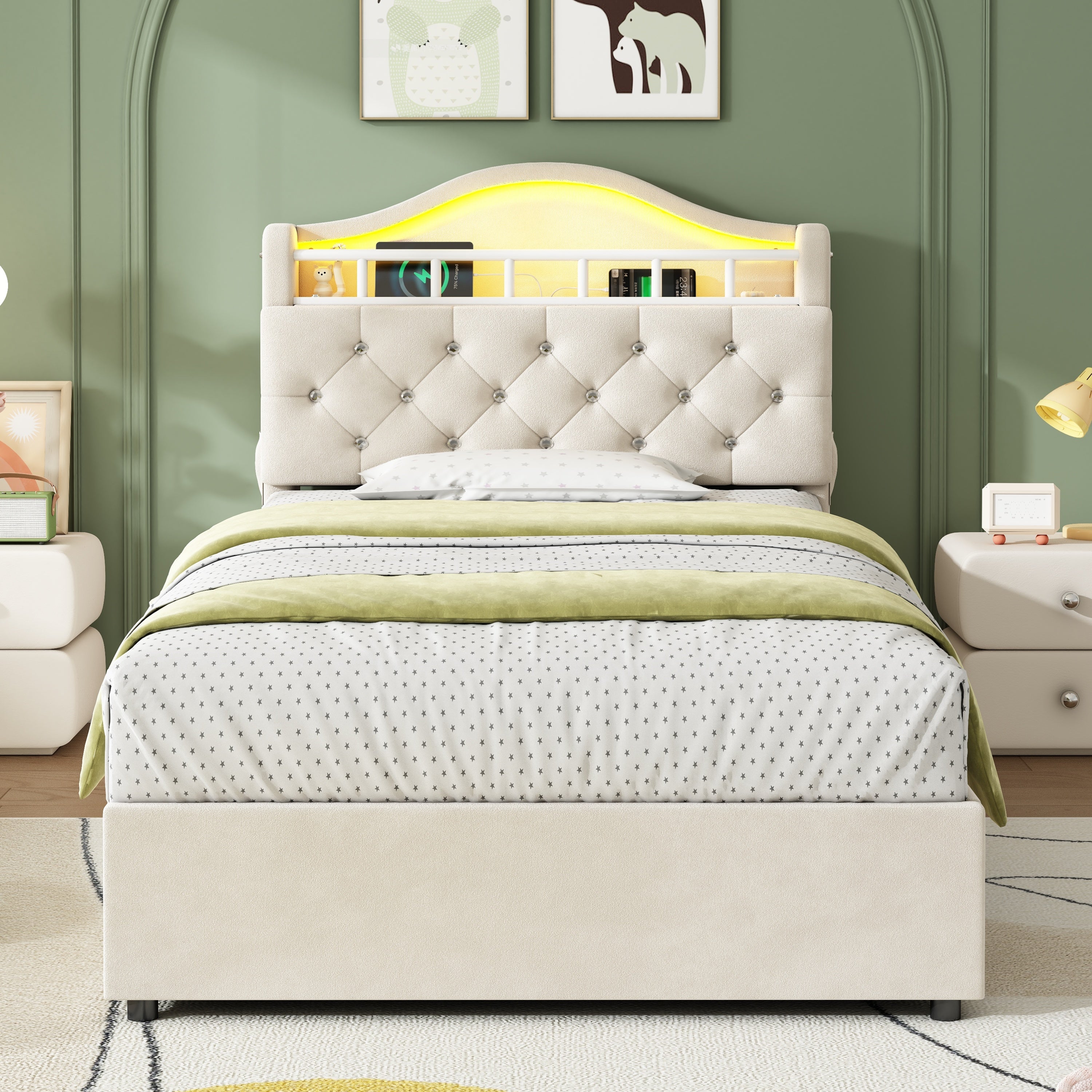 3ft Single Hydraulic Bed in Velvet, LED Bed Frame with Charging Station & Diamond Tufted Headboard, Multi-zone Storage, Solid & Stable Base,Beige (No Mattress)