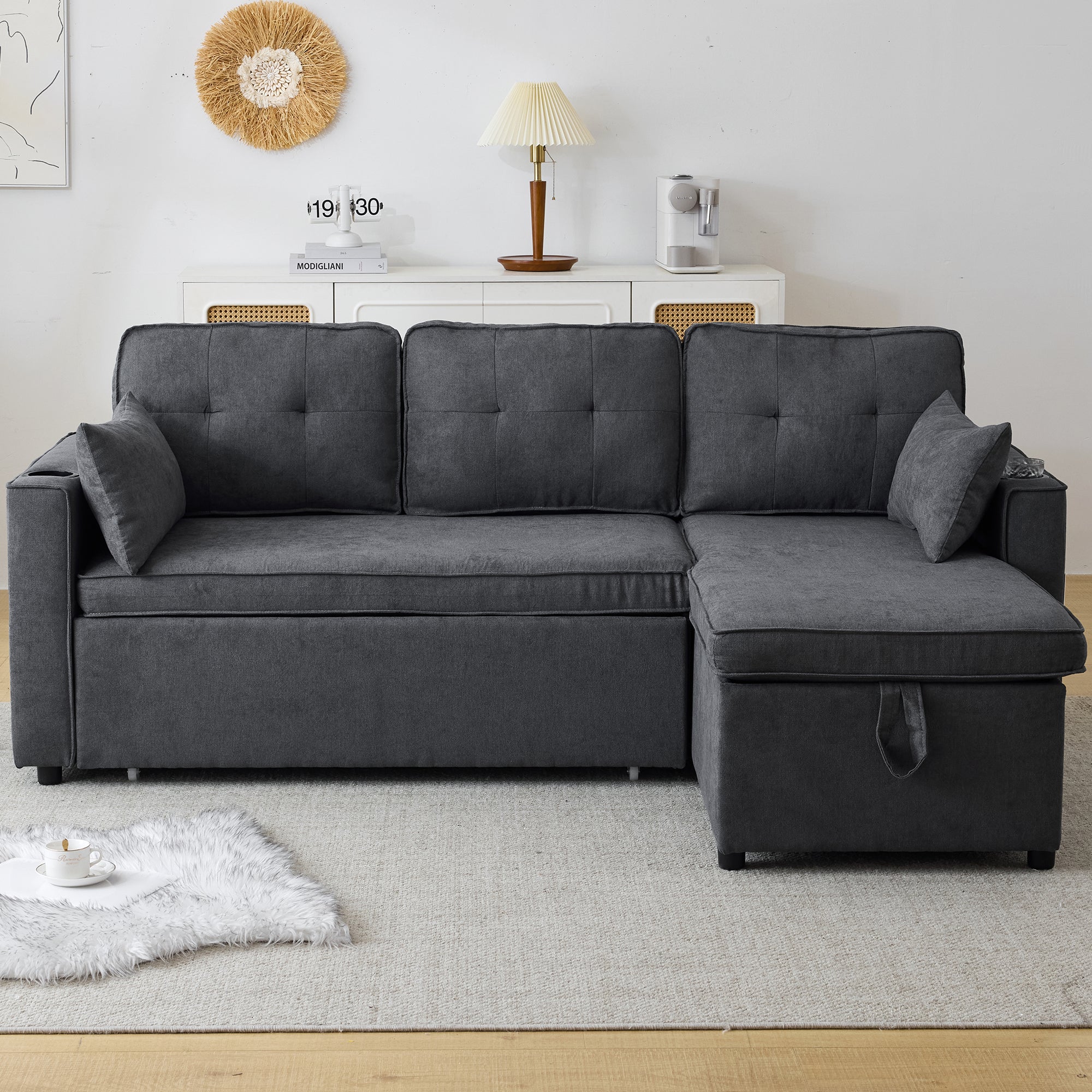 3-in-1 Convertible Sofa Bed with Internal Storage Chaise, L Shaped Sleeper Sofa Couches with Cup Holders, Pillows and Storage Pocket. Pullout Sectional Daybed for Living Room/Bedroom/Office, Grey