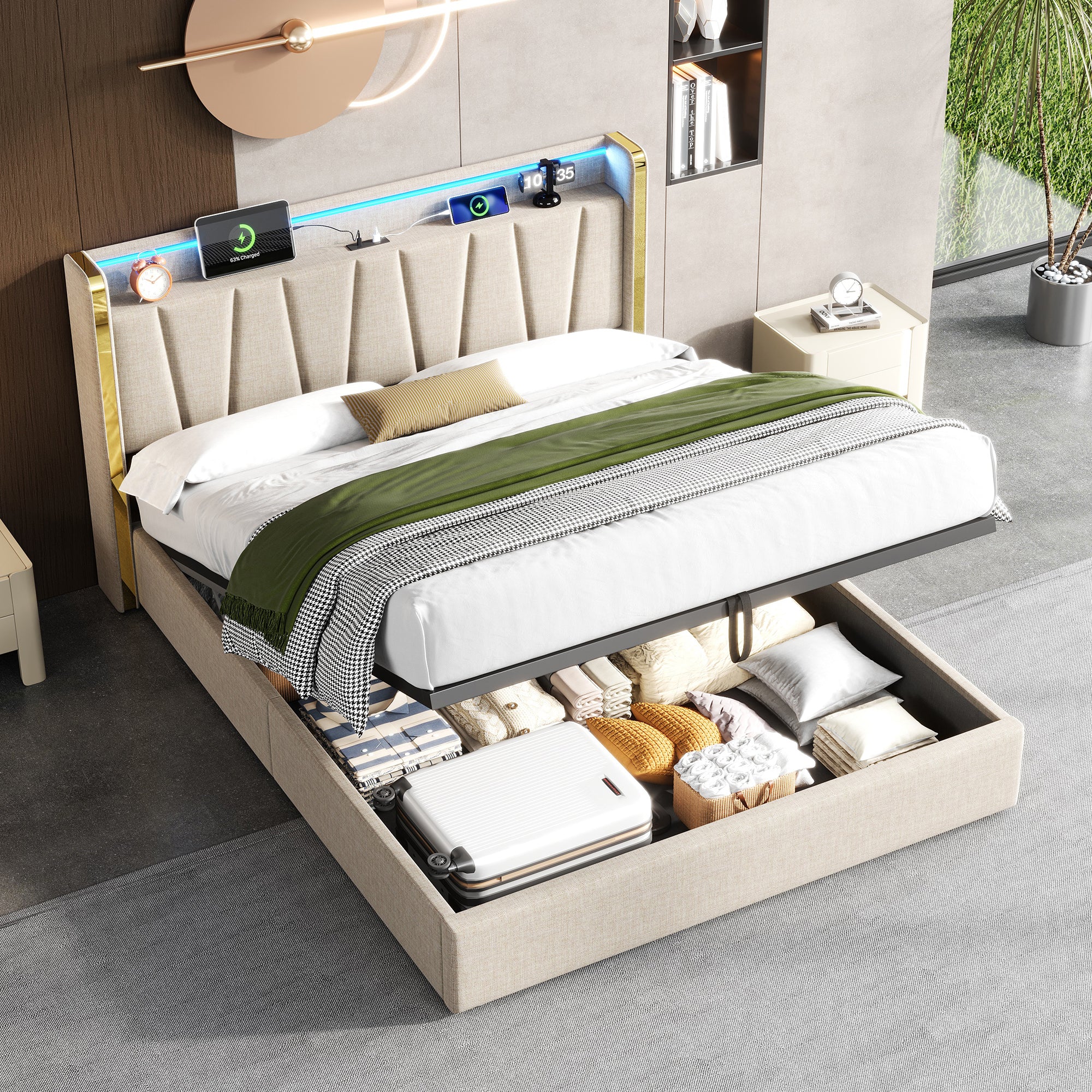 4ft6 Double Upholstered Bed Frame with Hydraulic Storage,  LED Headboard with Charging Station and Chrome Trim, USB and Type - C Ports, Linen, No Box Spring Needed, Beige (No Mattress)