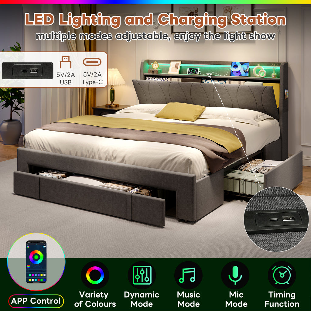 4ft6 Double Upholstered Bed with Three Storage Drawers, LED Headboard with Charging Station and Concealed Headboard Storage,USB and Type - C Ports, Linen, No Box Spring Needed, Grey (No Mattress)