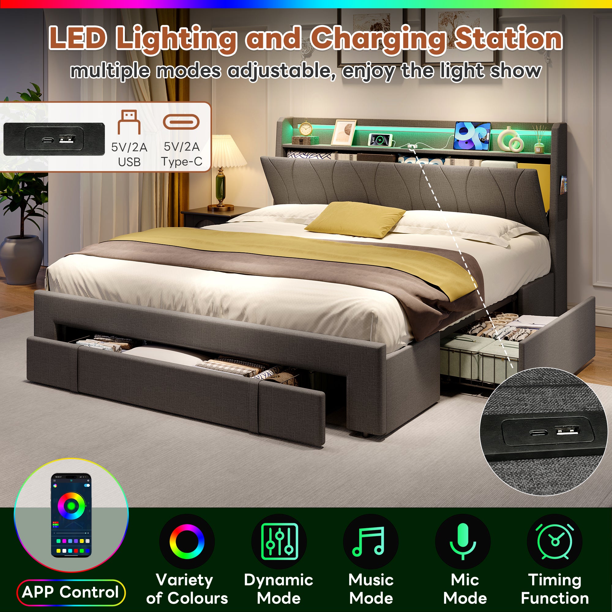4ft6 Double Upholstered Bed with Three Storage Drawers, LED Headboard with Charging Station and Concealed Headboard Storage,USB and Type - C Ports, Linen, No Box Spring Needed, Grey (No Mattress)