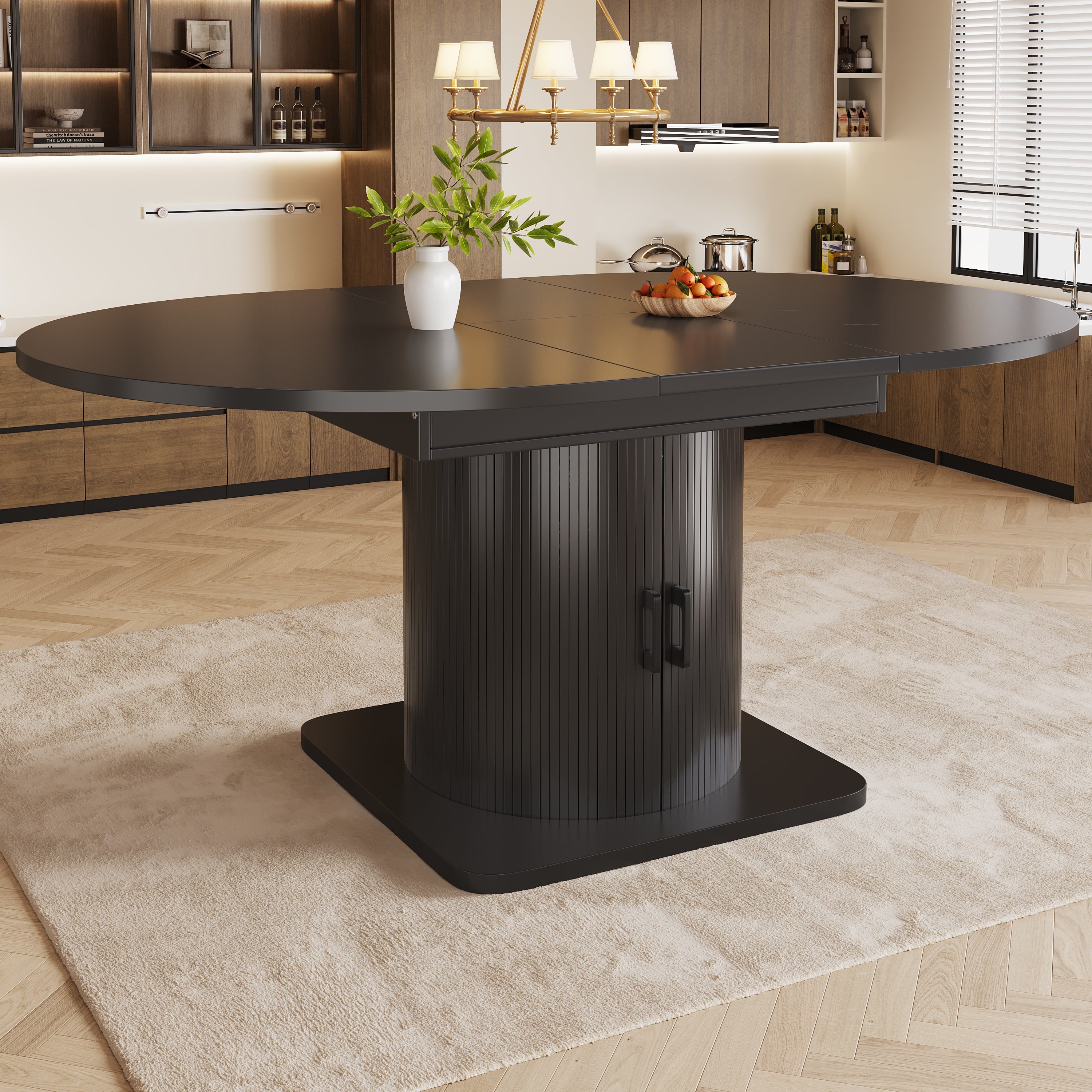 Extendable dining table with storage, multifunctional folding table with wine rack, space-saving kitchen table for small rooms and dining rooms, MDF tabletop, black