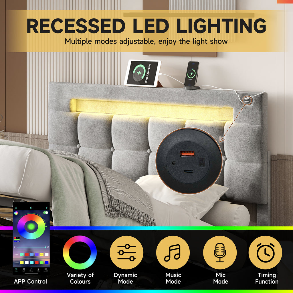 4ft6 Double Upholstered Bed Frame with Hydraulic Storage, Velvet Ottoman Bed with LED Lighting and Charging Station,  Double Bed with Adjustable Button Tufted Headboard, Grey (No Mattress)