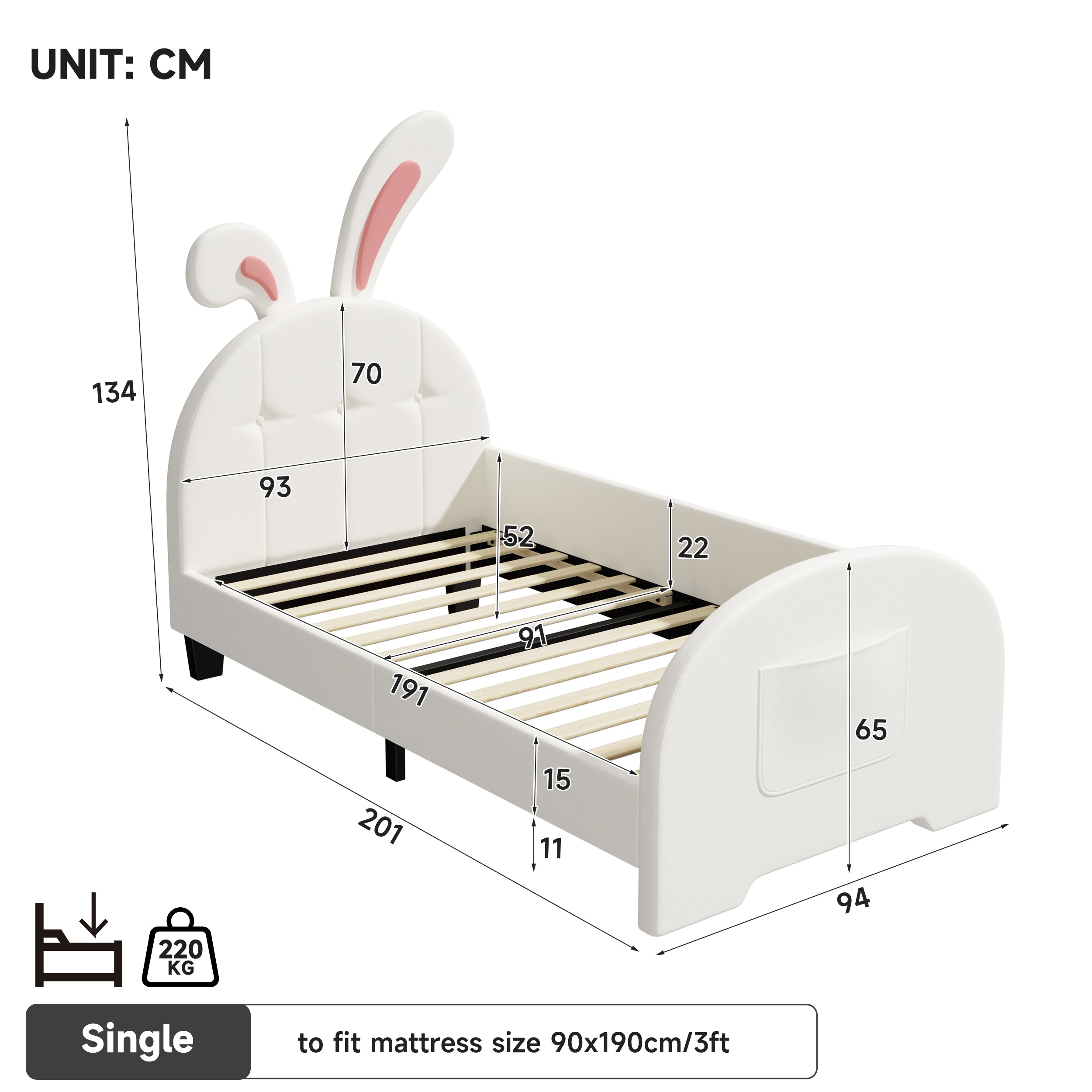 3ft Single Rabbit-Shaped Upholstered Bed Frame, Bunny Ear Headboard & Footboard Storage Pocket, Soft PU Leather Single Bed with Sturdy Metal-Wood Frame, Cream White (No Mattress)