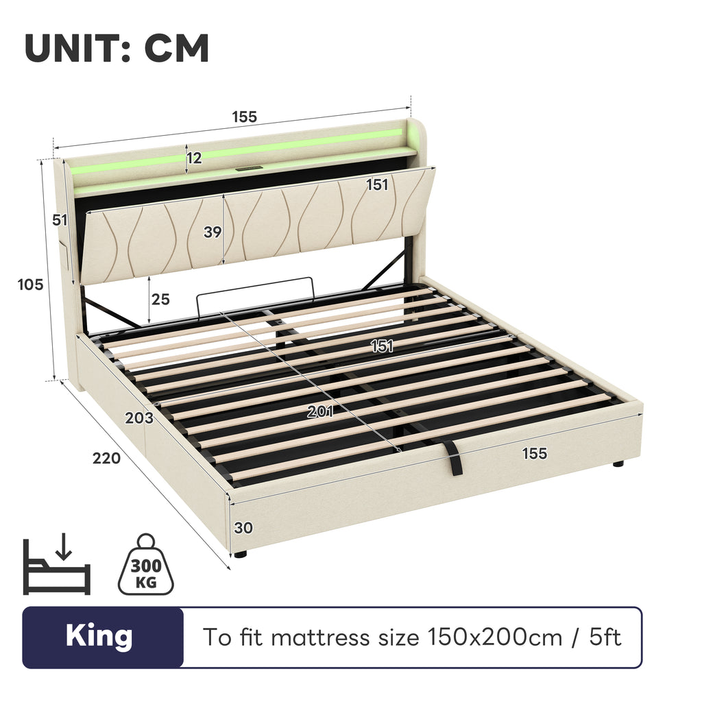5ft King Upholstered Bed Frame with Hydraulic Storage, LED Headboard with Charging Station and Concealed Headboard Storage, USB and Type - C Ports, Linen, No Box Spring Needed, Beige (No Mattress)