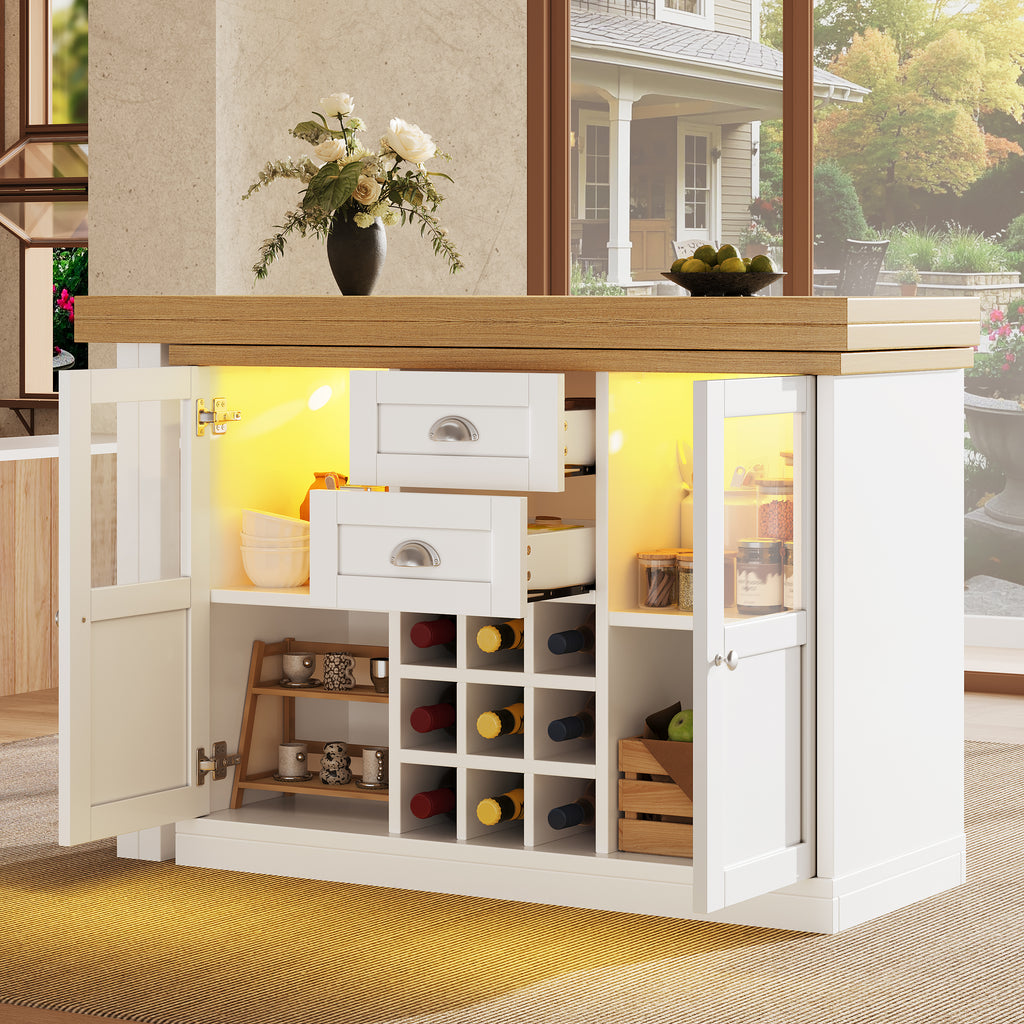 Extendable Sideboard with LED Lights, 120-197cm Adjustable Dining Table with Storage, 2 Drawers & Glass Cabinet doors, White/Black