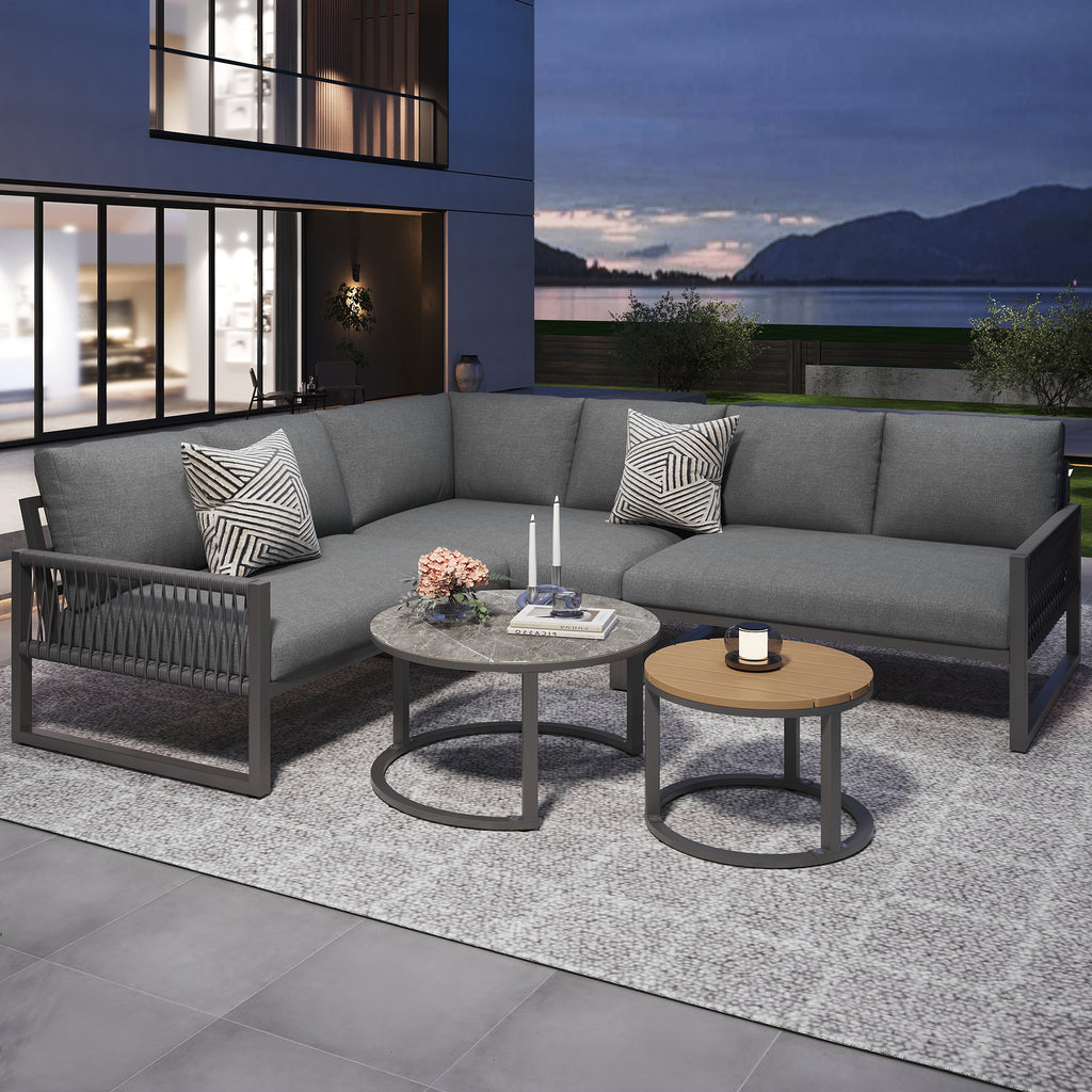 Outdoor garden lounge set, furniture set for 6-7 people, corner sofa with galvanized iron frame, adjustable legs, includes all seat and back cushions, grey
