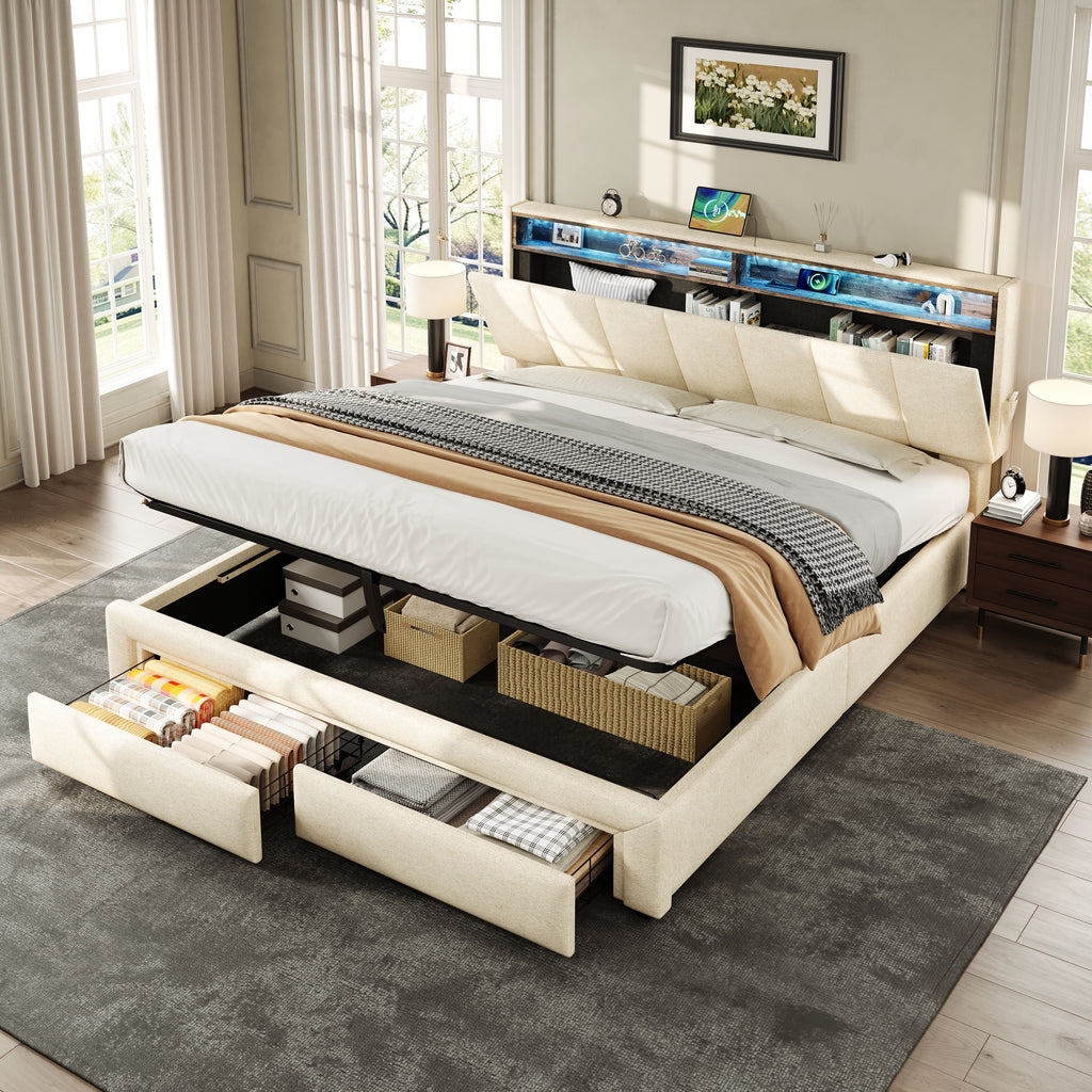 5ft King Upholstered Bed Frame with Hydraulic and Drawers Storage, LED Adjustable Headboard with Charging Station and Concealed Headboard Storage, Linen, No Box Spring Needed, Beige (No Mattress)