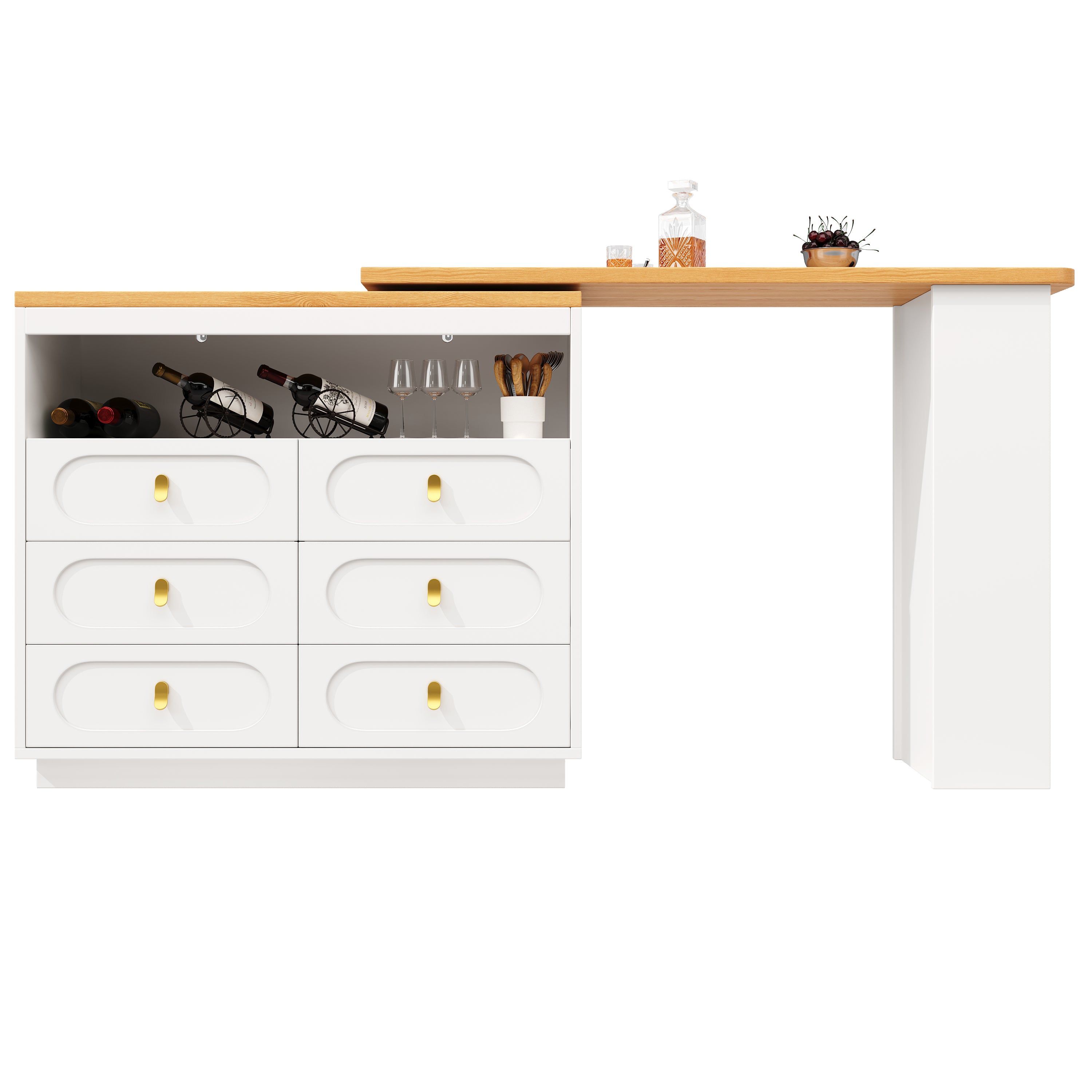 360° rotating bar table (main body 137 x 39 x 90 cm), coffee bar furniture, rotating dining bar with storage, kitchen island, with spice rack, six drawers, open storage space, white