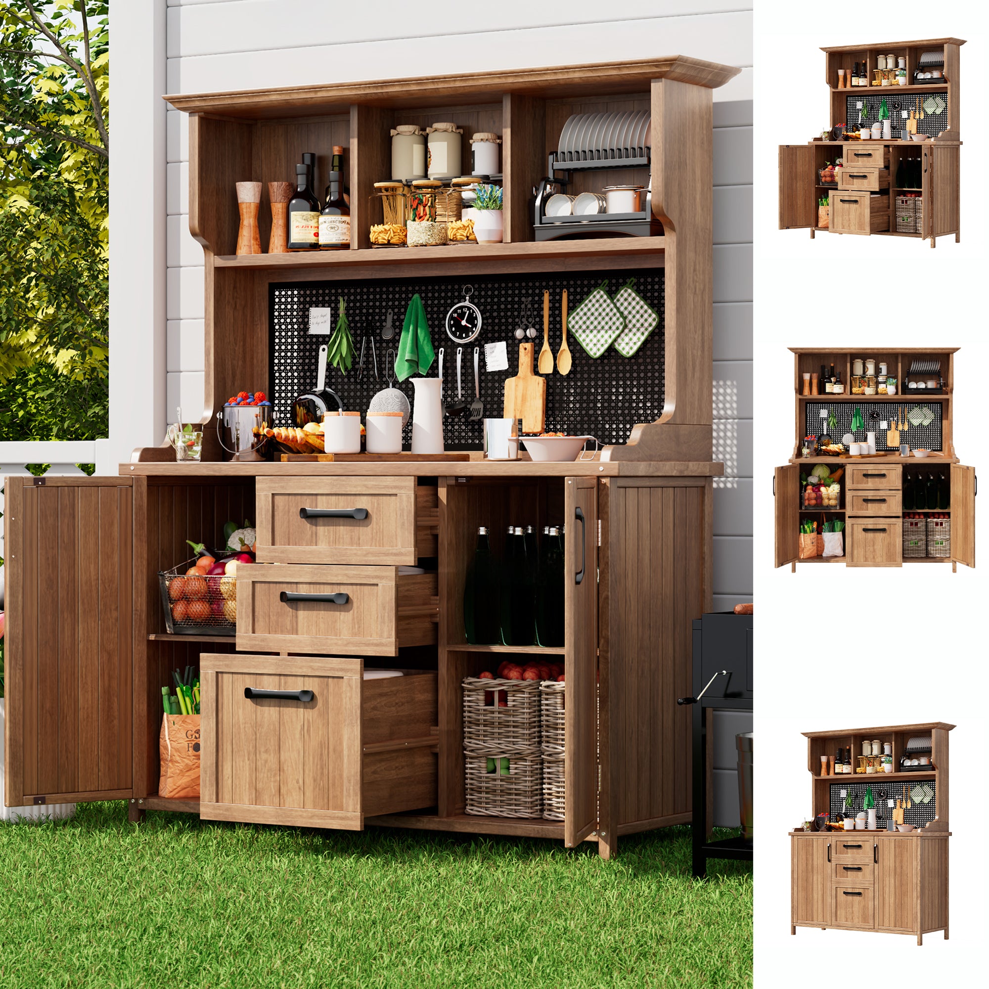 Wooden garden cabinet, garden tool cabinet made of solid fir wood – freestanding cabinet with 3 drawers, 3 compartments, metal pegboard and adjustable shelves