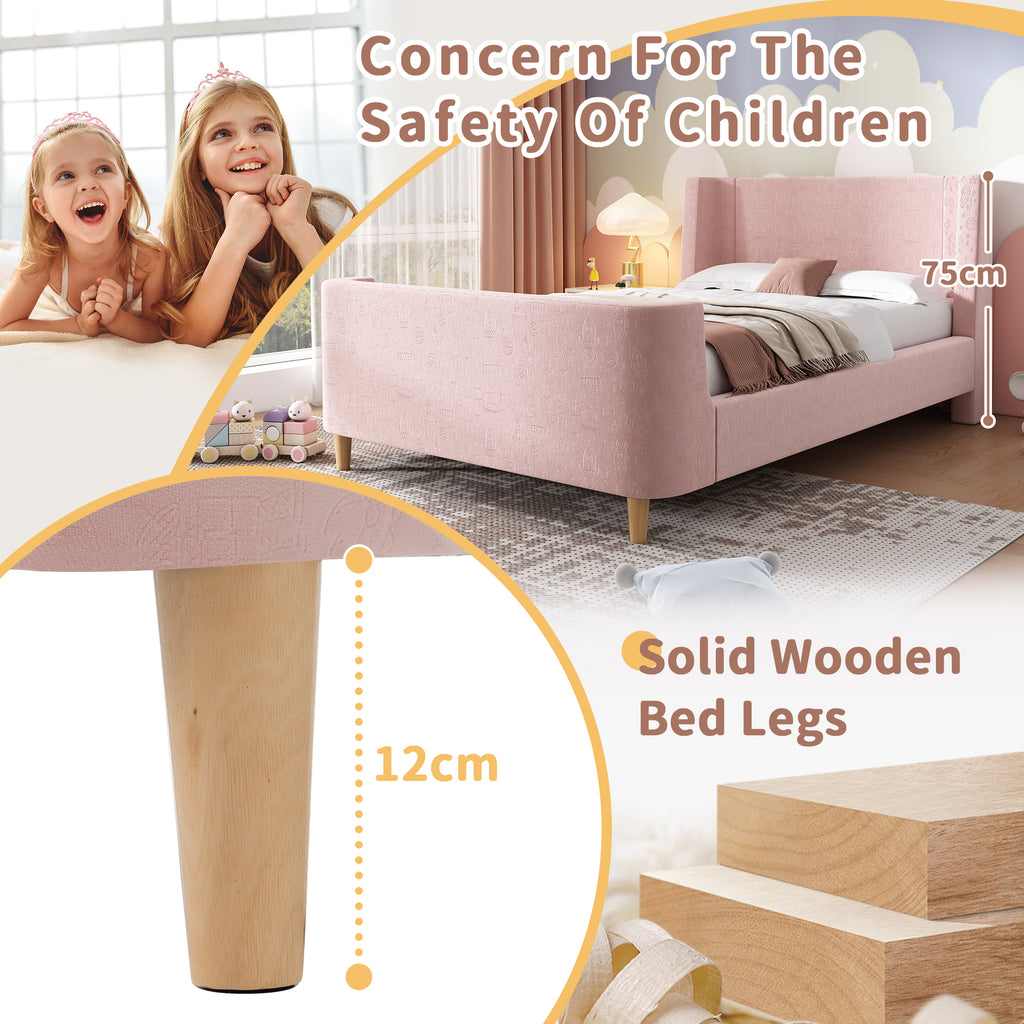 3FT Upholstered Bed, 90 x 190 cm Single Bed with Cosmic Pattern, Sleigh-style Teen Bed, Bed Frame for Boys and Girls, Pink, Velvet (Without Mattress)
