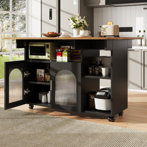 Kitchen island, kitchen cabinet, removable serving trolley, buffet cabinet, dining trolley with wood grain, buffet cabinet, multifunctional dining table with storage space, Black