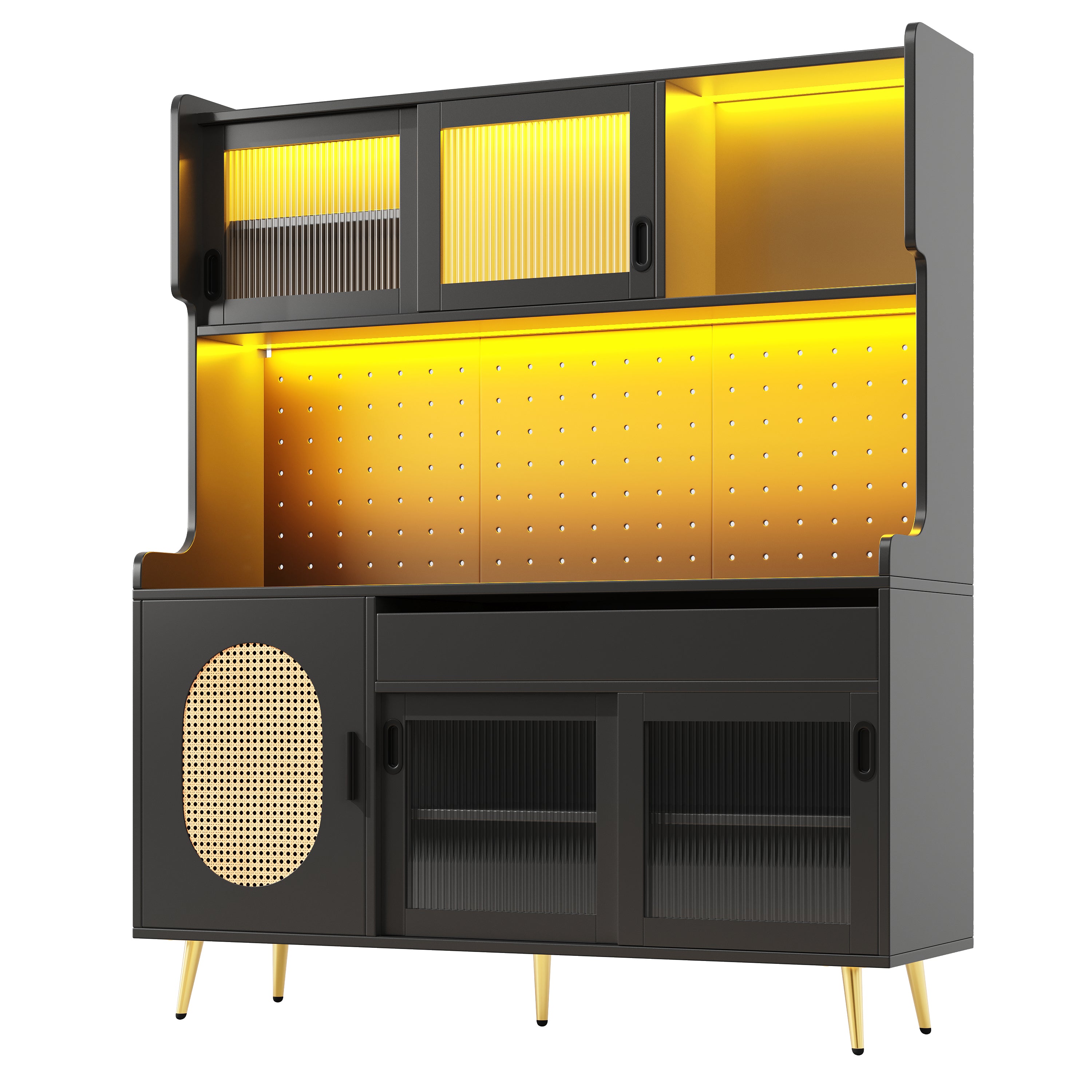 Sideboard / Storage Cabinet / Kitchen Cabinet / Buffet, 145x39x171cm, Country Style, 5 Doors, with LED Light Strip & Pegboard, Fluted Glass Doors, Brown/Black