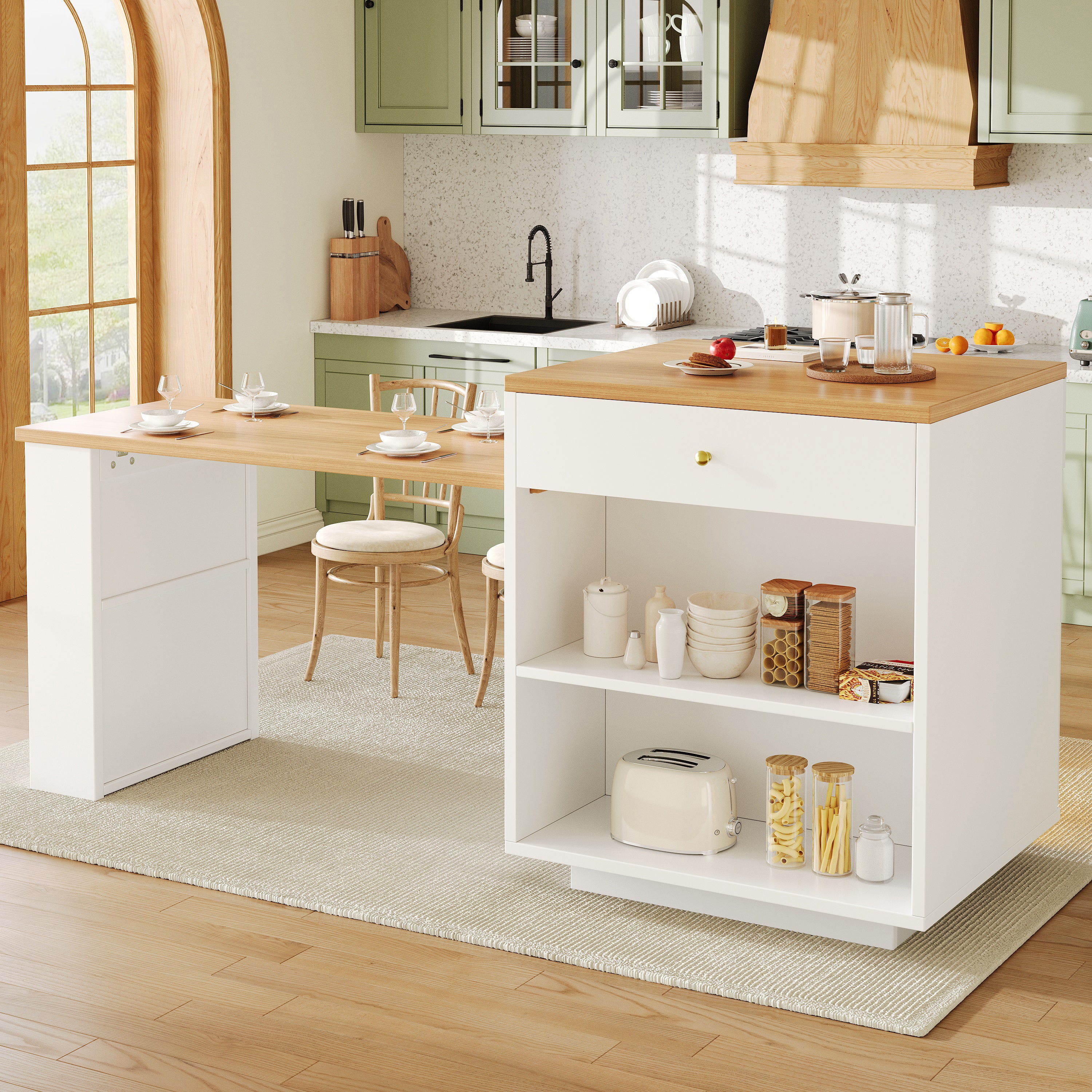 Extendable bar table with storage (122.5-195.5×70×93.5cm), with four drawers and curved glass door, kitchen island with extendable table, LED color light, for 2-6 people, kitchen dining cart with side