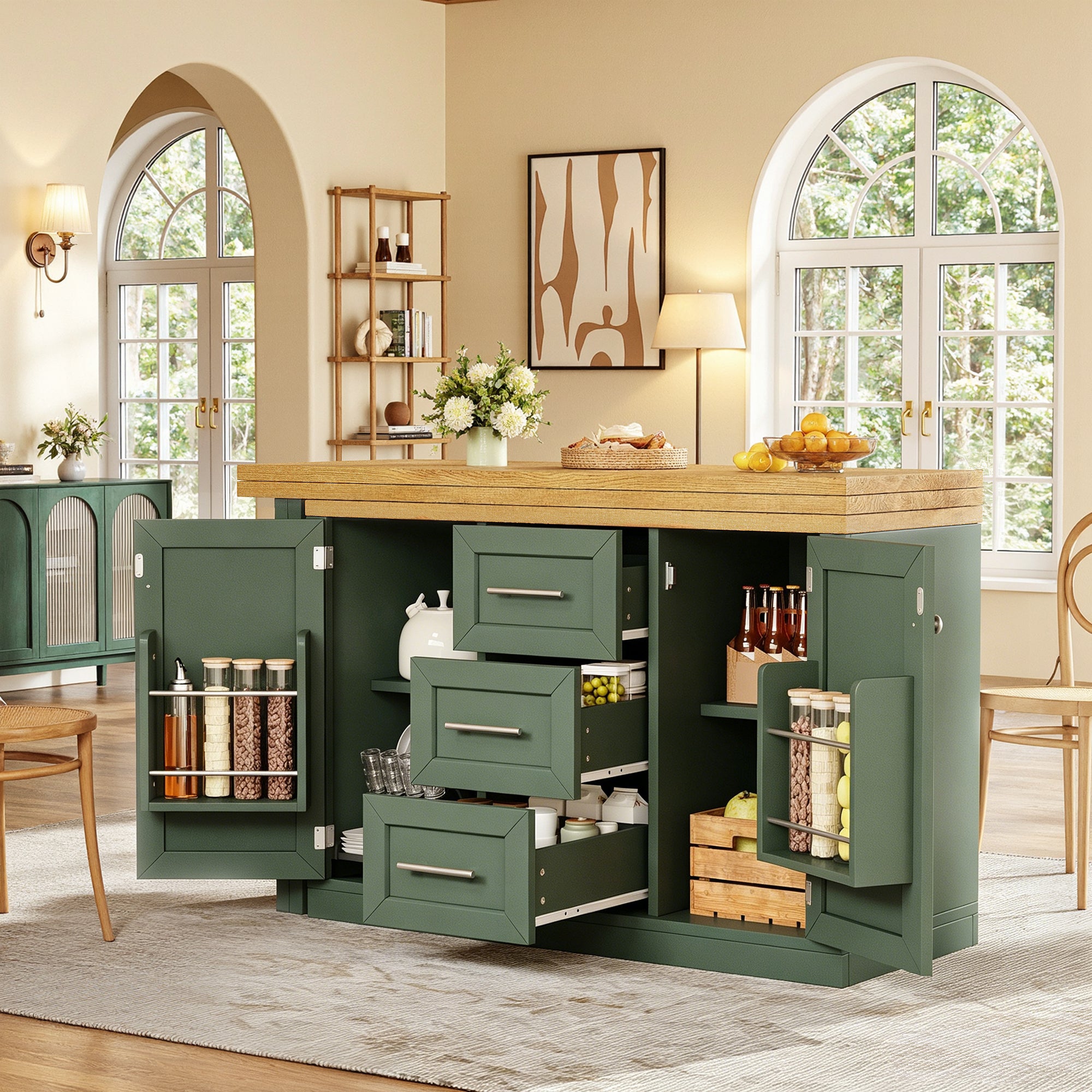 Extendable Sideboard & Table Combo, 120-180cm Adjustable Dining Table with Storage, 3 Drawers & Snack racks, Space-Saving kitchen island for Small Flats, White/Antique Green