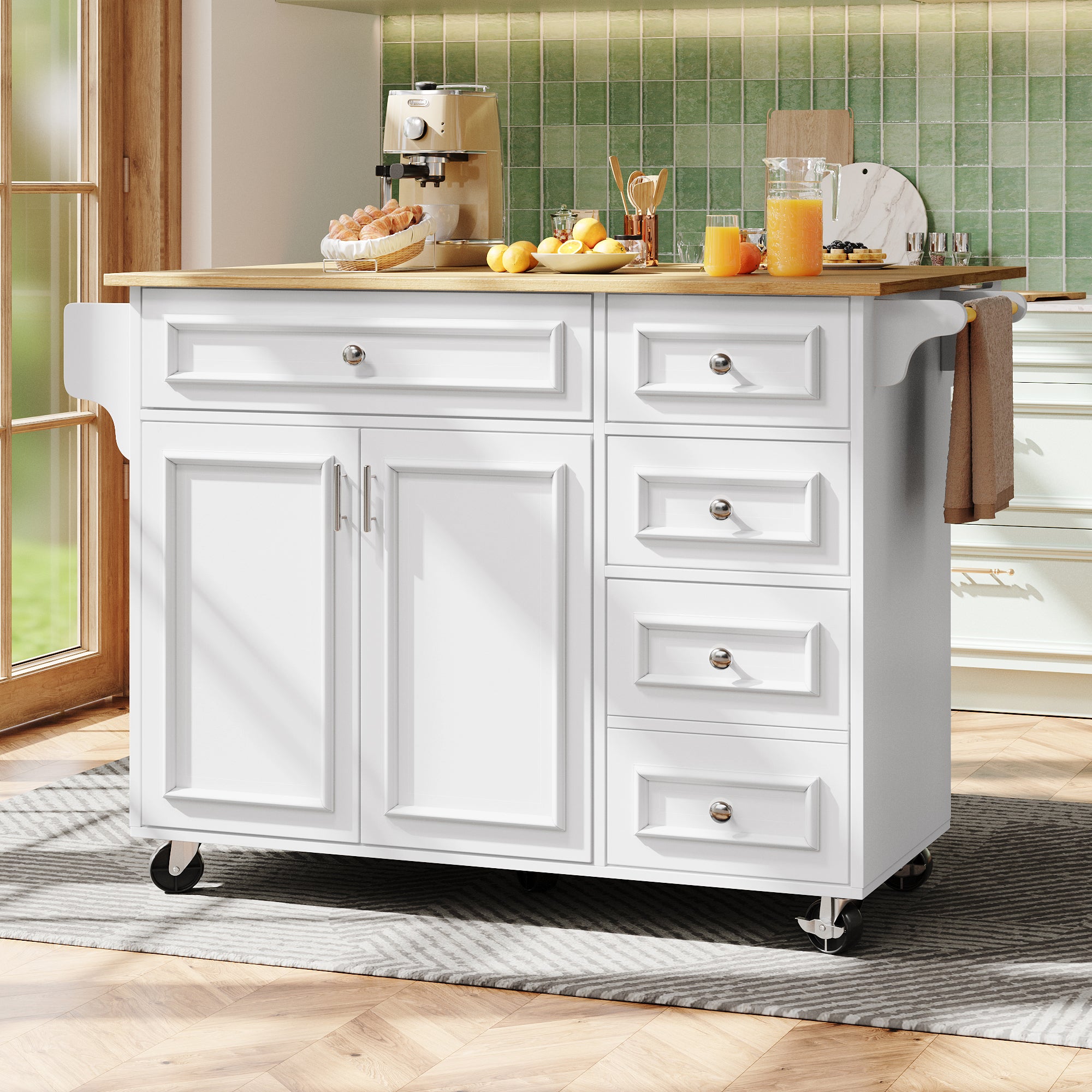 Kitchen island (110×45-75×92cm), removable serving trolley buffet cabinet, dining trolley with vintage pattern, buffet cabinet, multifunctional dining table with storage space, White